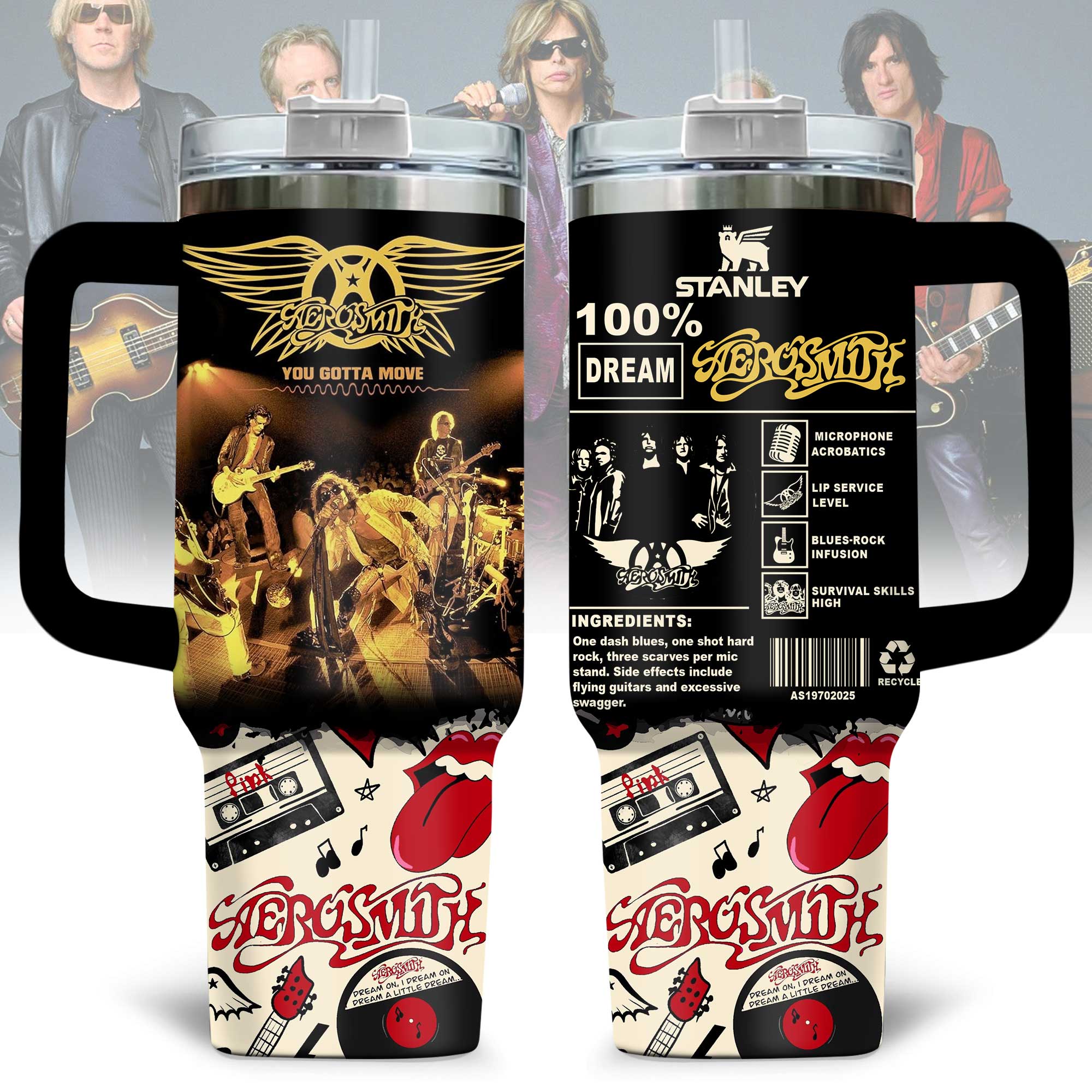 Aerosmith Music Custom Stanley Quencher 40oz Stainless Steel Tumbler With Handle