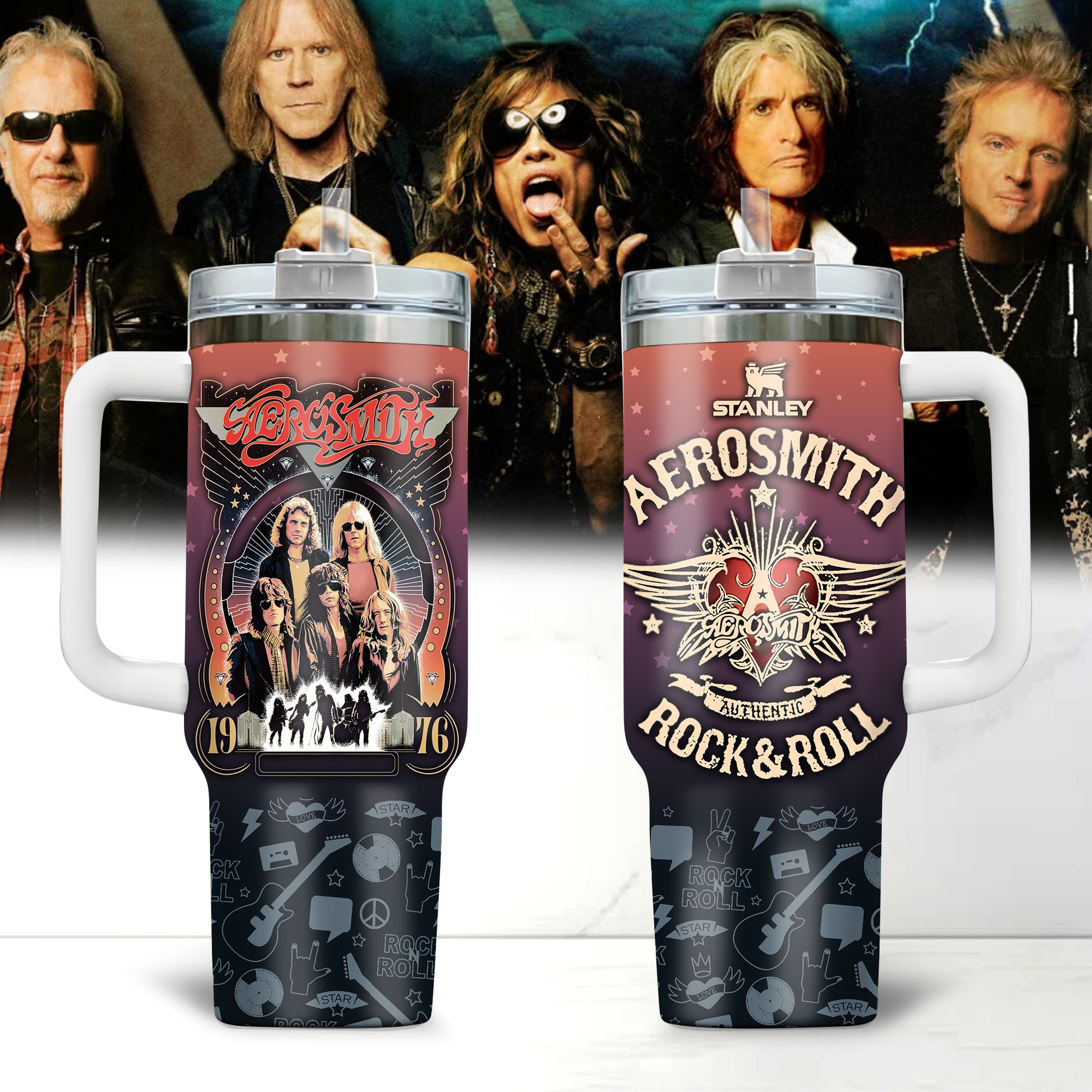 Aerosmith Music Custom Stanley Quencher 40oz Stainless Steel Tumbler With Handle