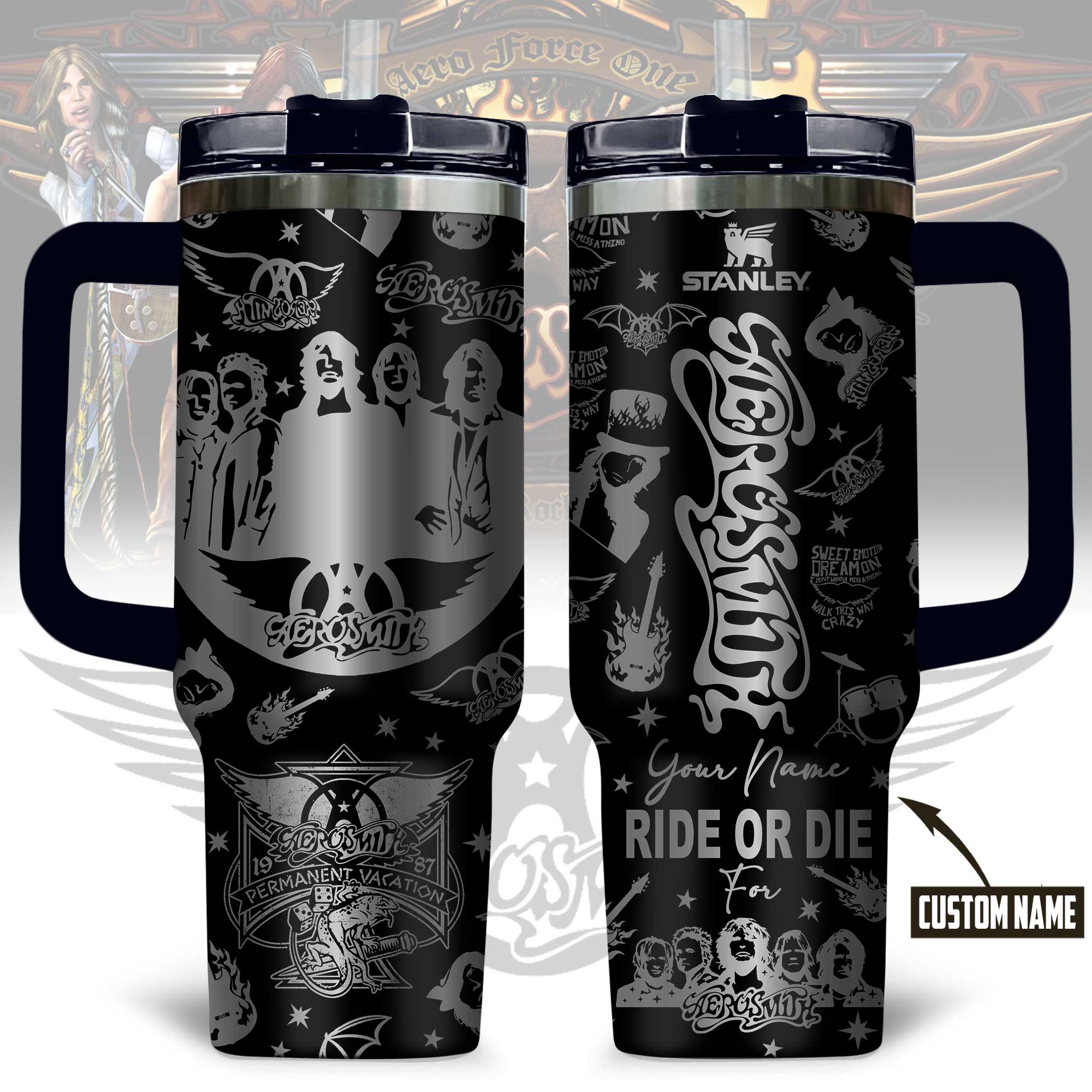 Aerosmith Music Custom Stanley Quencher 40oz Stainless Steel Tumbler With Handle