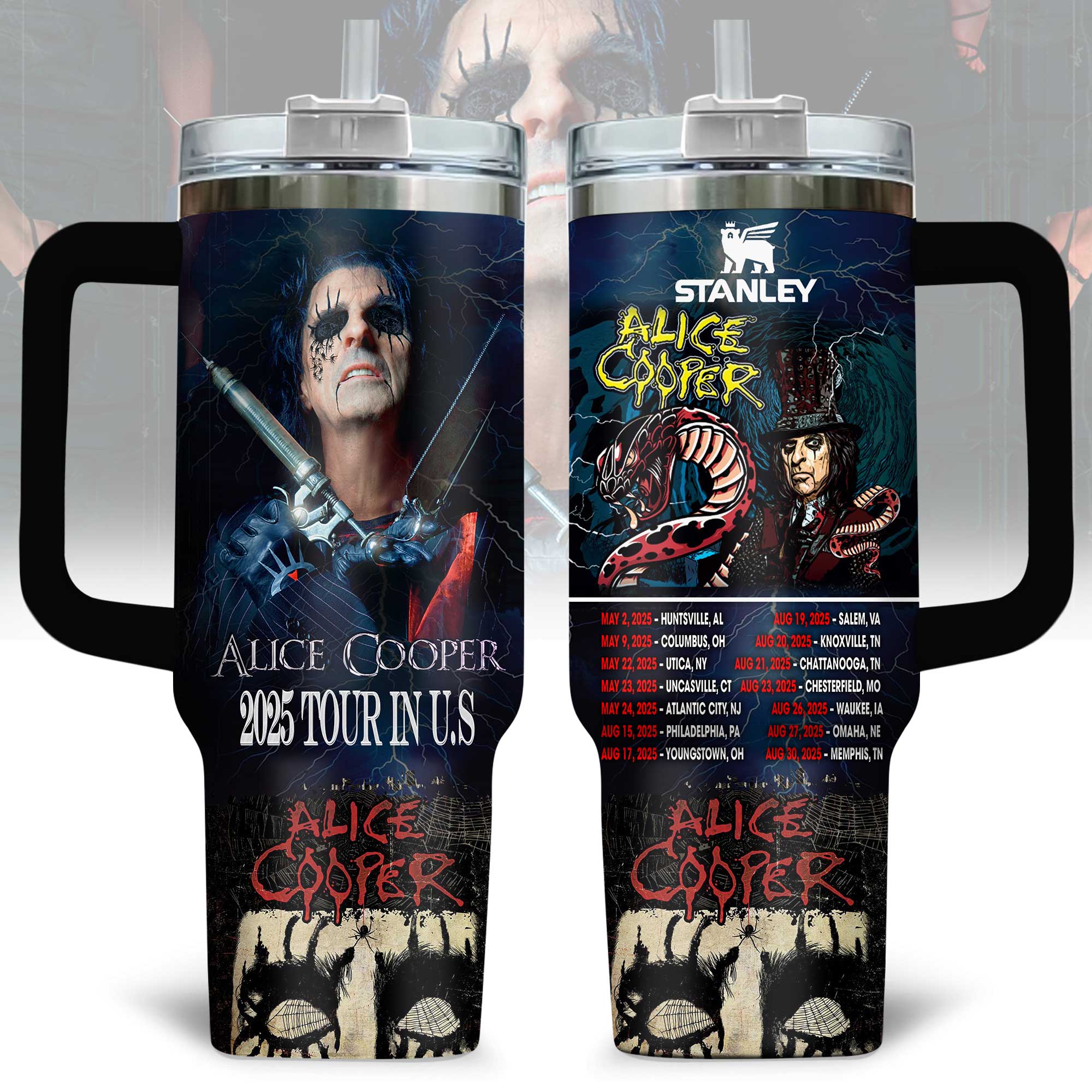 Alice Cooper Music Custom Stanley Quencher 40oz Stainless Steel Tumbler With Handle