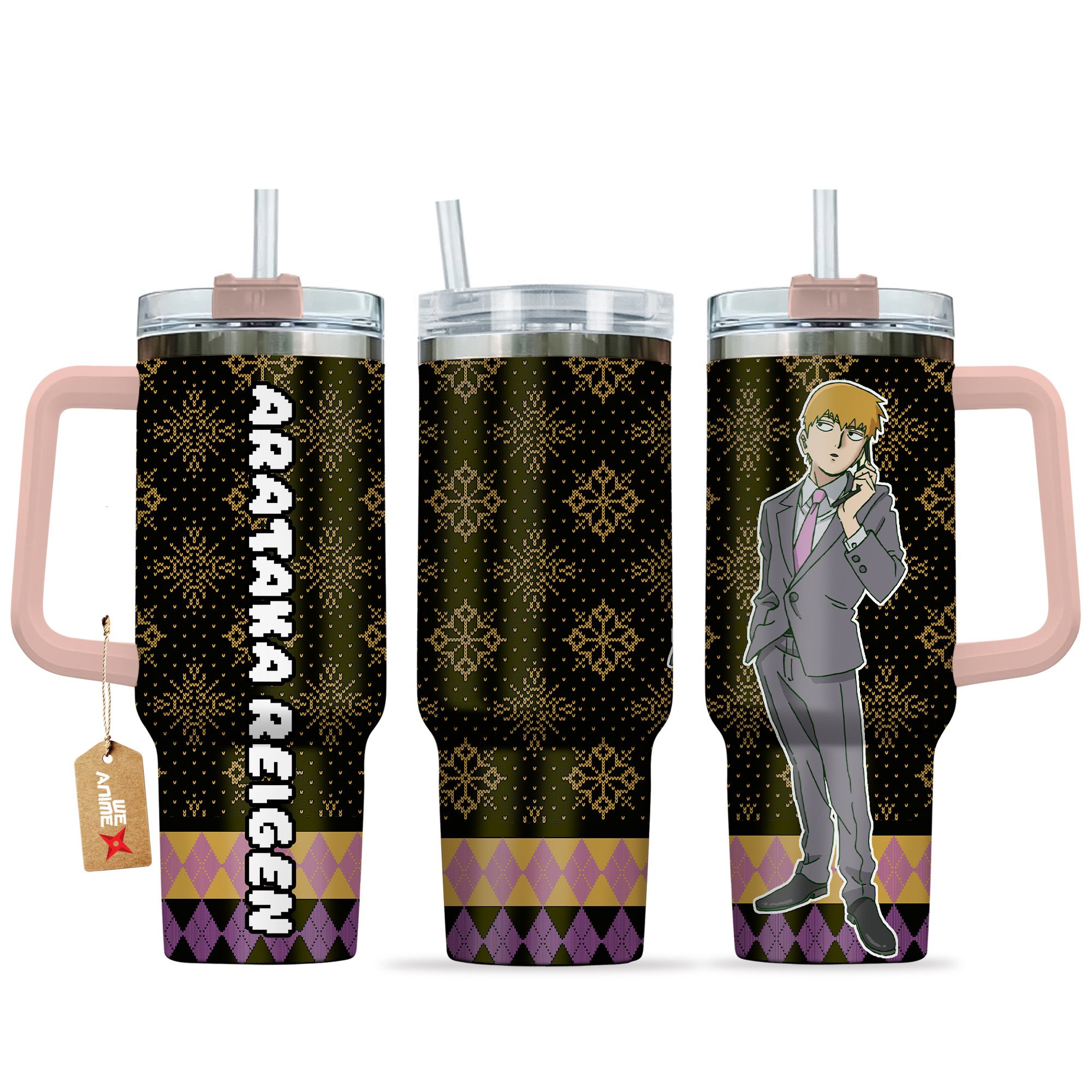 Arataka Reigen Mob Psycho 100 Anime Custom Stanley Quencher 40oz Stainless Steel Tumbler With Handle