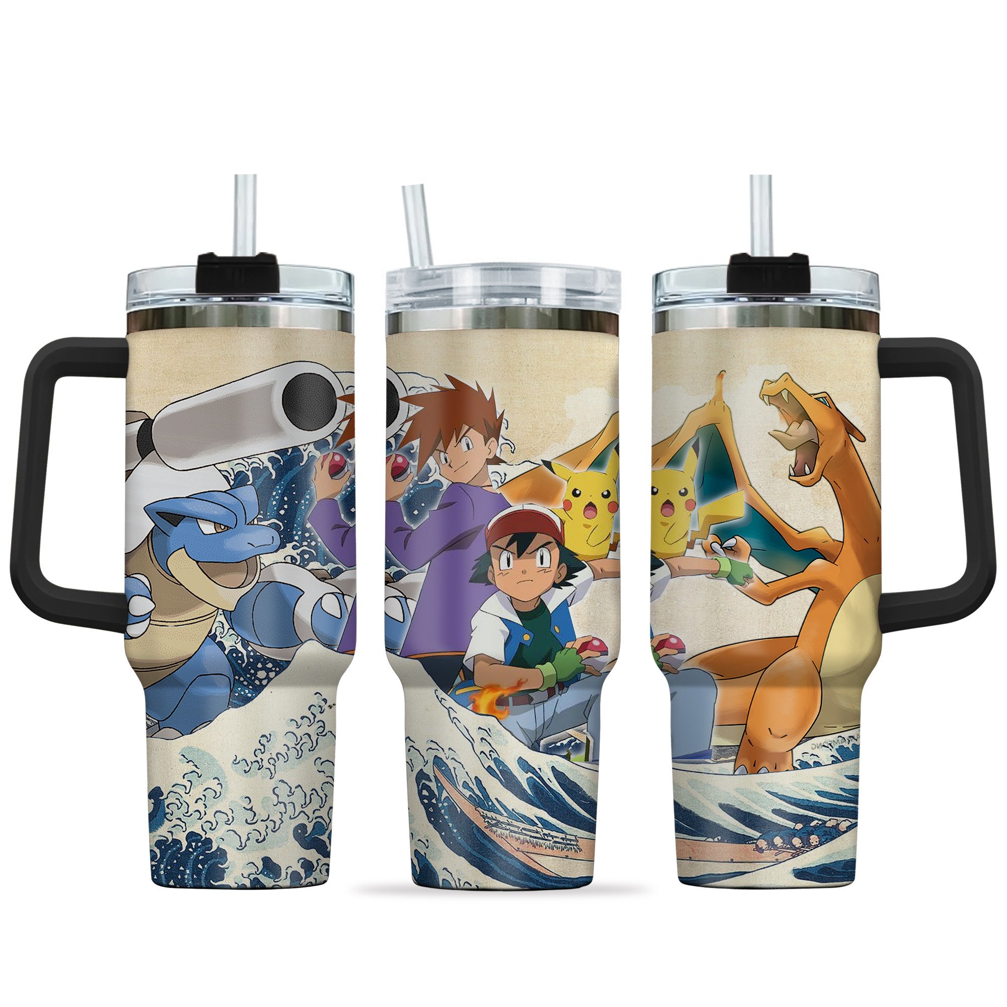 Ash x Gary Pokemon Anime Custom Stanley Quencher 40oz Stainless Steel Tumbler With Handle