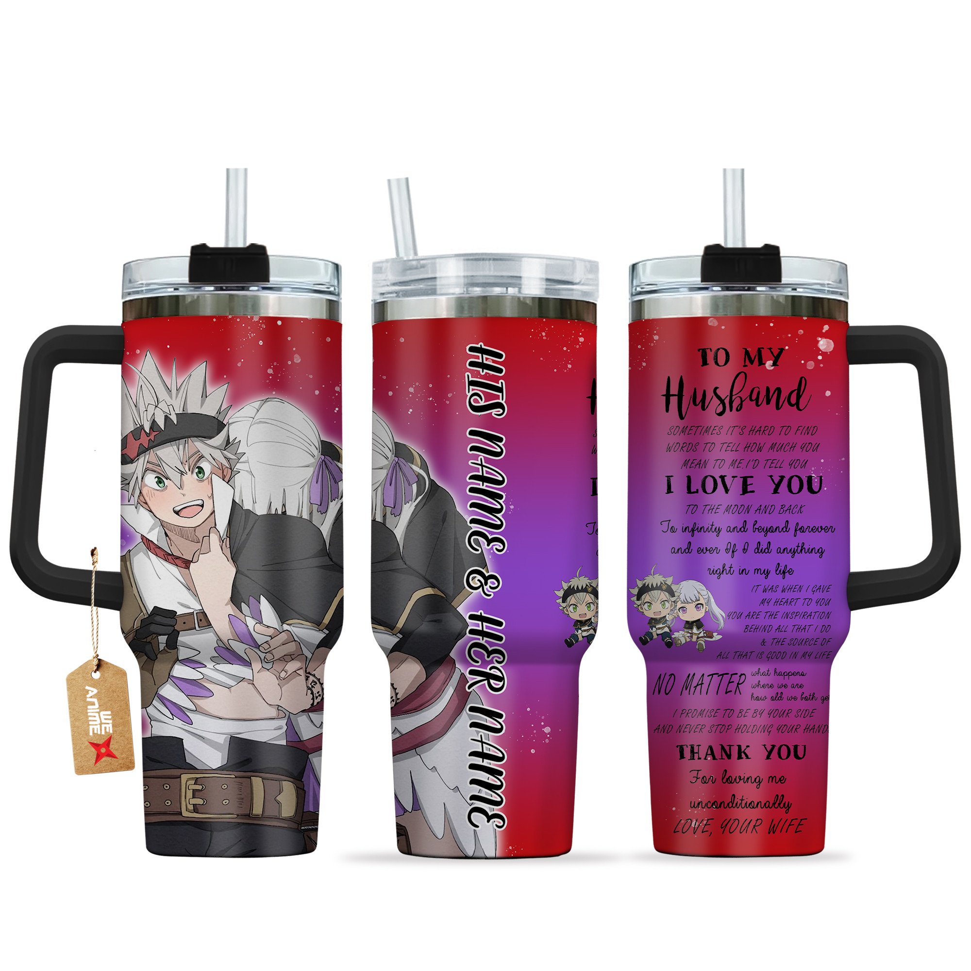 Asta & Noelle Silva Black Clover Anime Valentine Custom Stanley Quencher 40oz Stainless Steel Tumbler With Handle