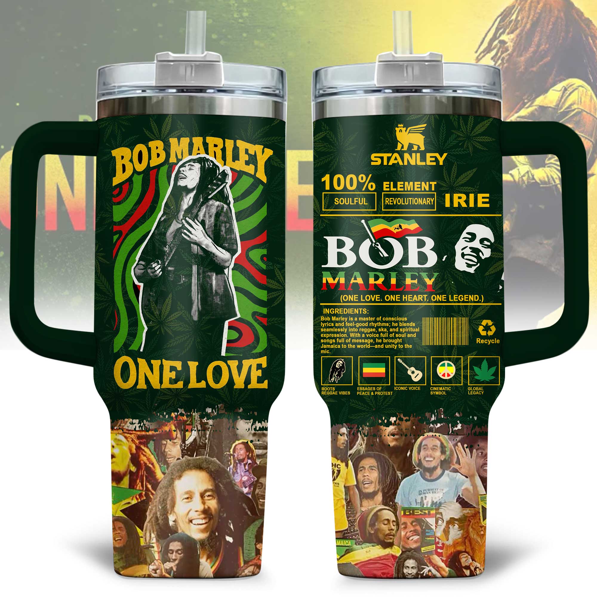 Bob Marley Music Custom Stanley Quencher 40oz Stainless Steel Tumbler With Handle