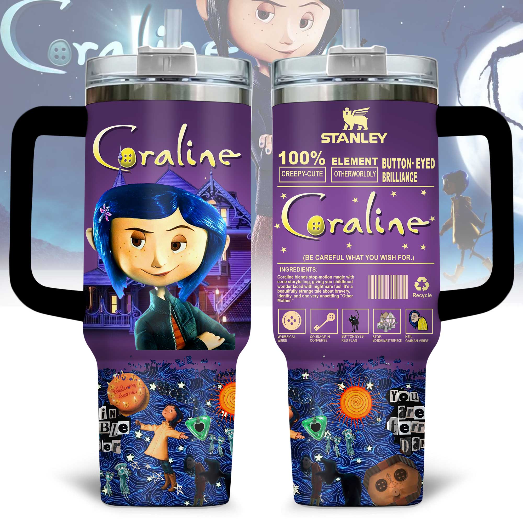 Coraline Cartoon Custom Stanley Quencher 40oz Stainless Steel Tumbler With Handle