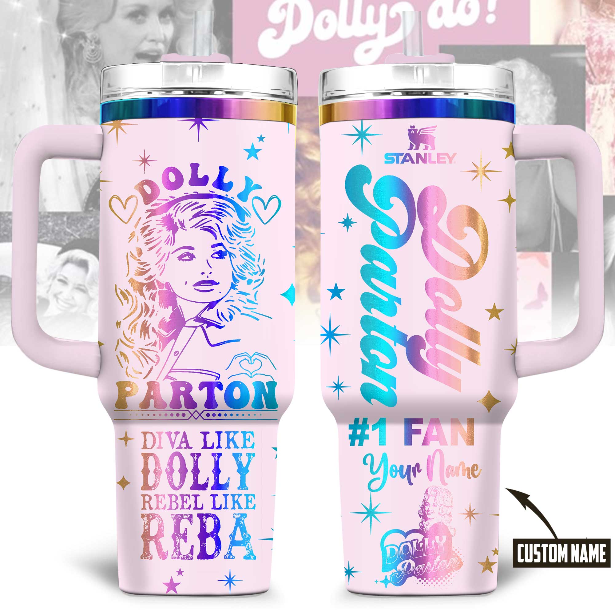 Dolly Parton Music Custom Stanley Quencher 40oz Stainless Steel Tumbler With Handle