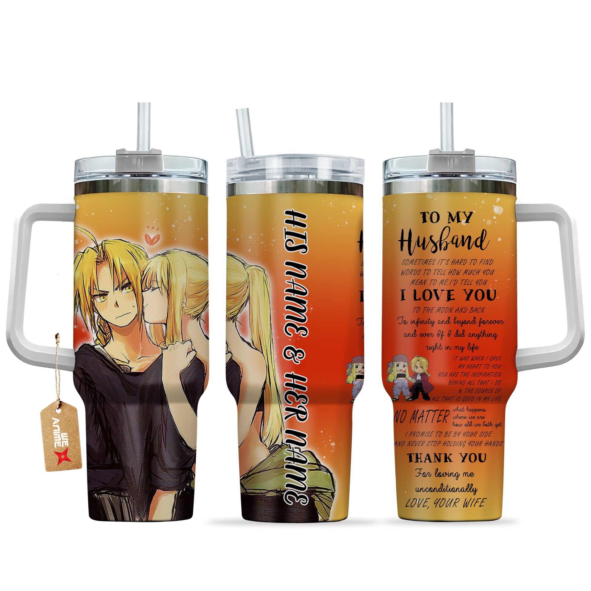 Edward Elric & Winry Rockbell Fullmetal Alchemist Anime Valentine Custom Stanley Quencher 40oz Stainless Steel Tumbler With Handle
