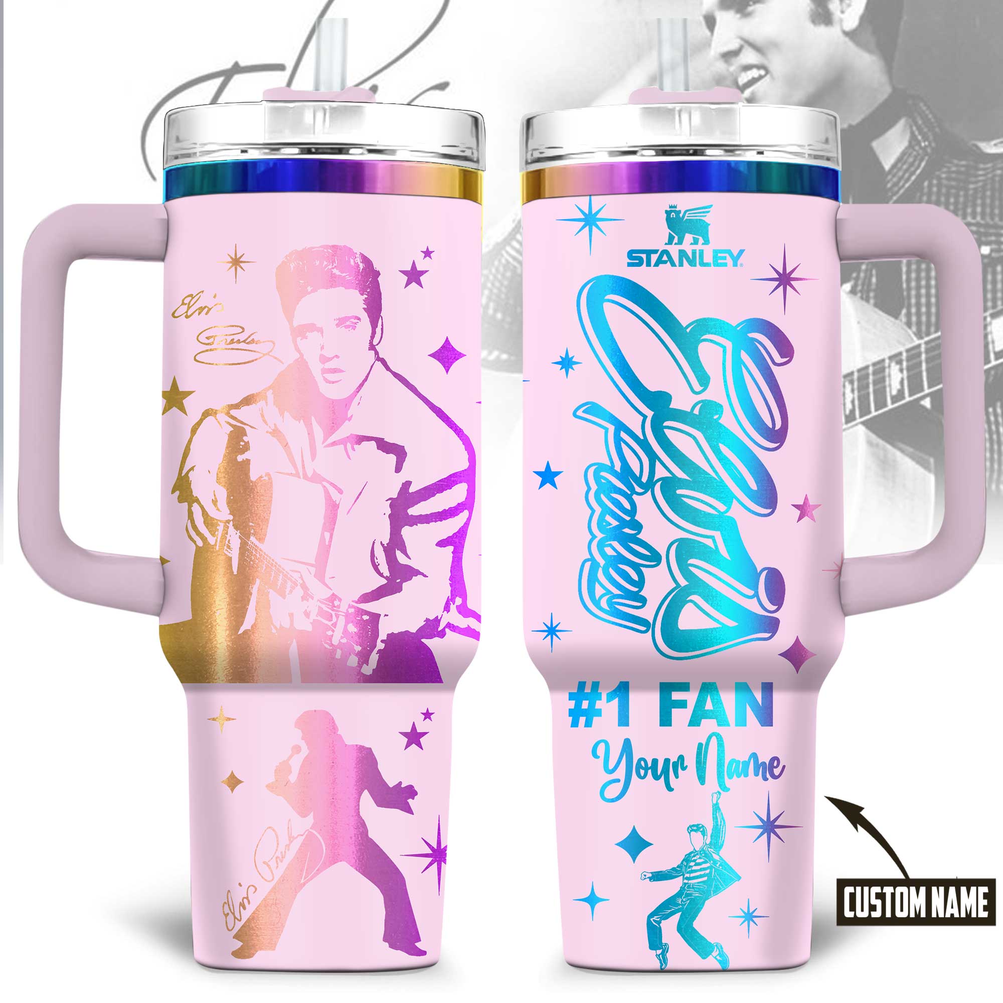Elvis Presley Music Custom Stanley Quencher 40oz Stainless Steel Tumbler With Handle