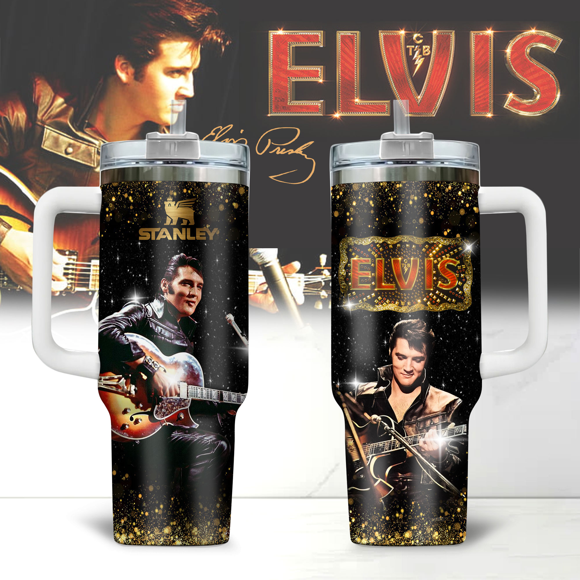 Elvis Presley Music Custom Stanley Quencher 40oz Stainless Steel Tumbler With Handle