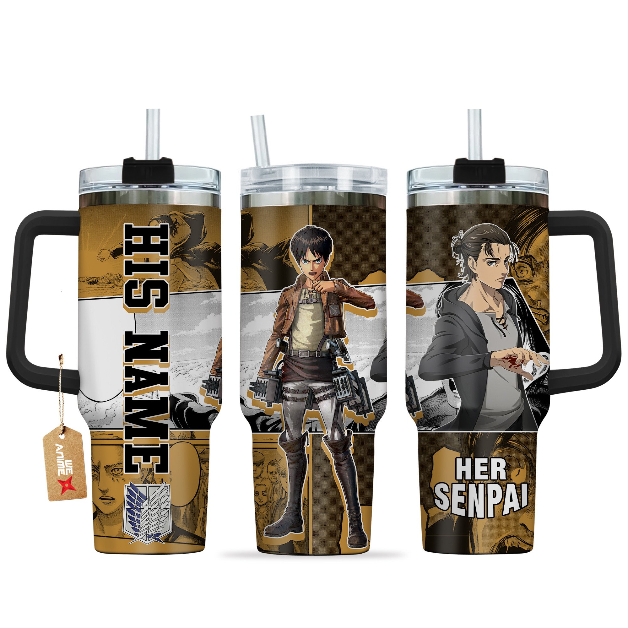 Eren Yeager Attack on Titan Anime Custom Stanley Quencher 40oz Stainless Steel Tumbler With Handle