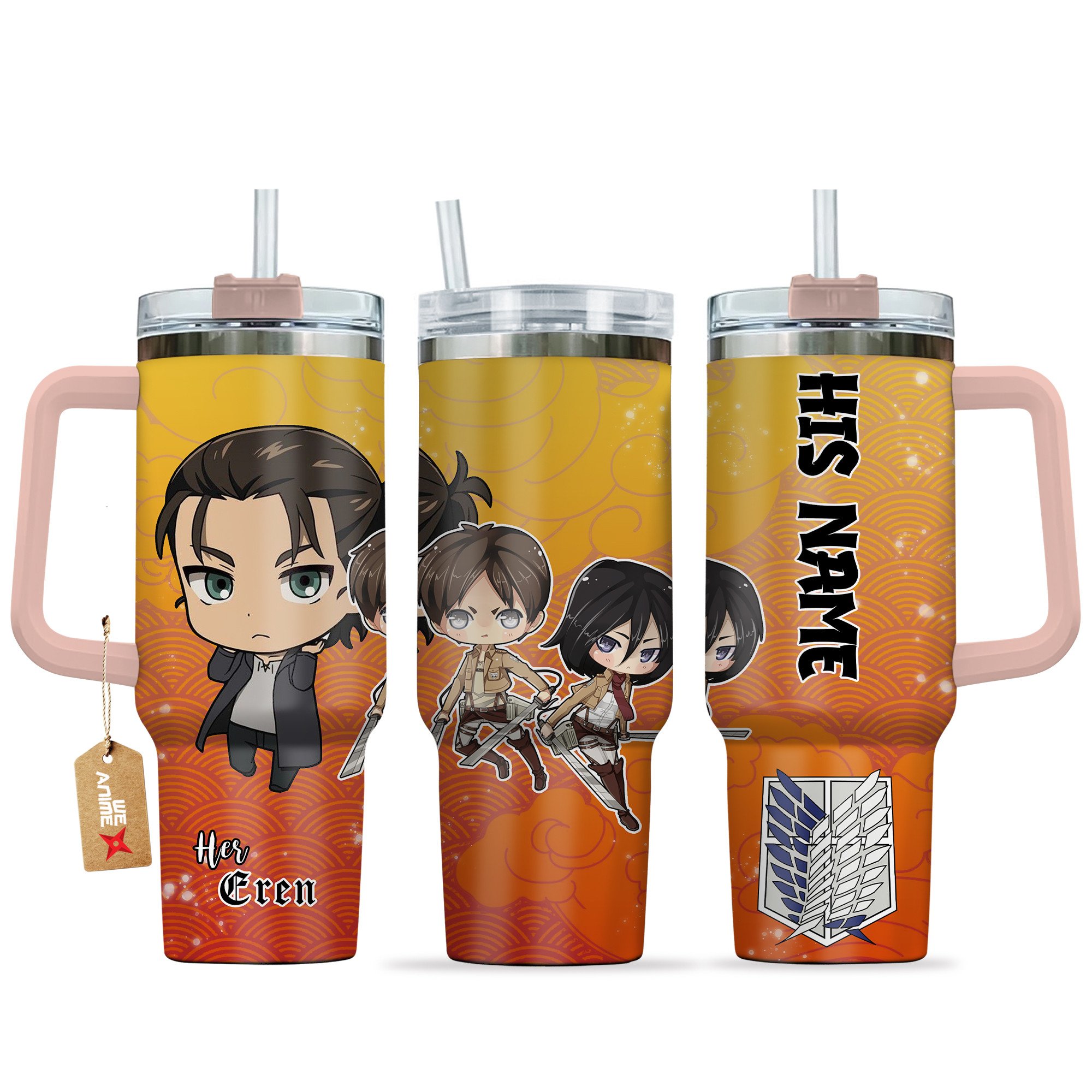 Eren Yeager Attack on Titan Anime Valentine Custom Stanley Quencher 40oz Stainless Steel Tumbler With Handle