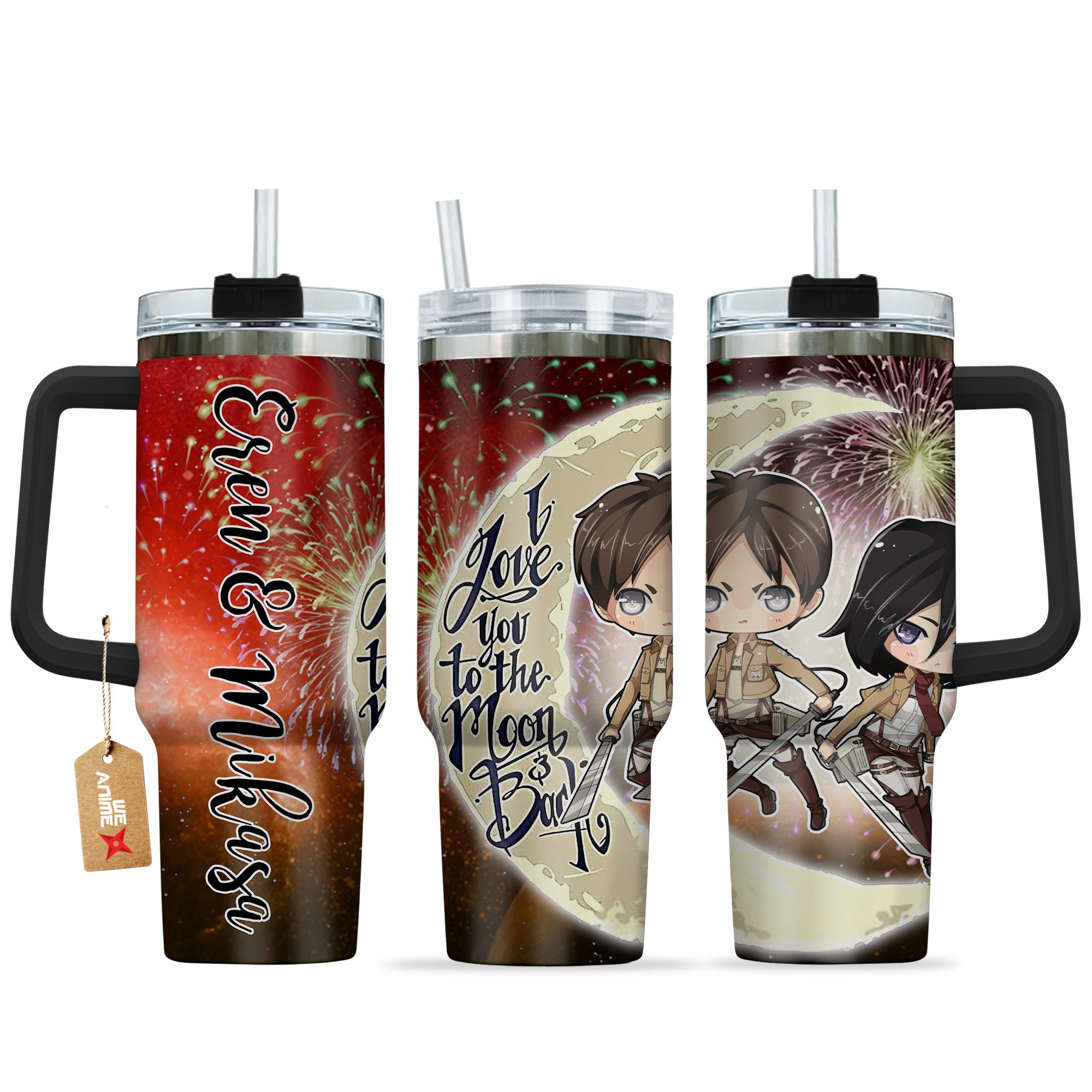 Eren Yeager & Mikasa Ackerman Attack on Titan Anime Valentine Custom Stanley Quencher 40oz Stainless Steel Tumbler With Handle