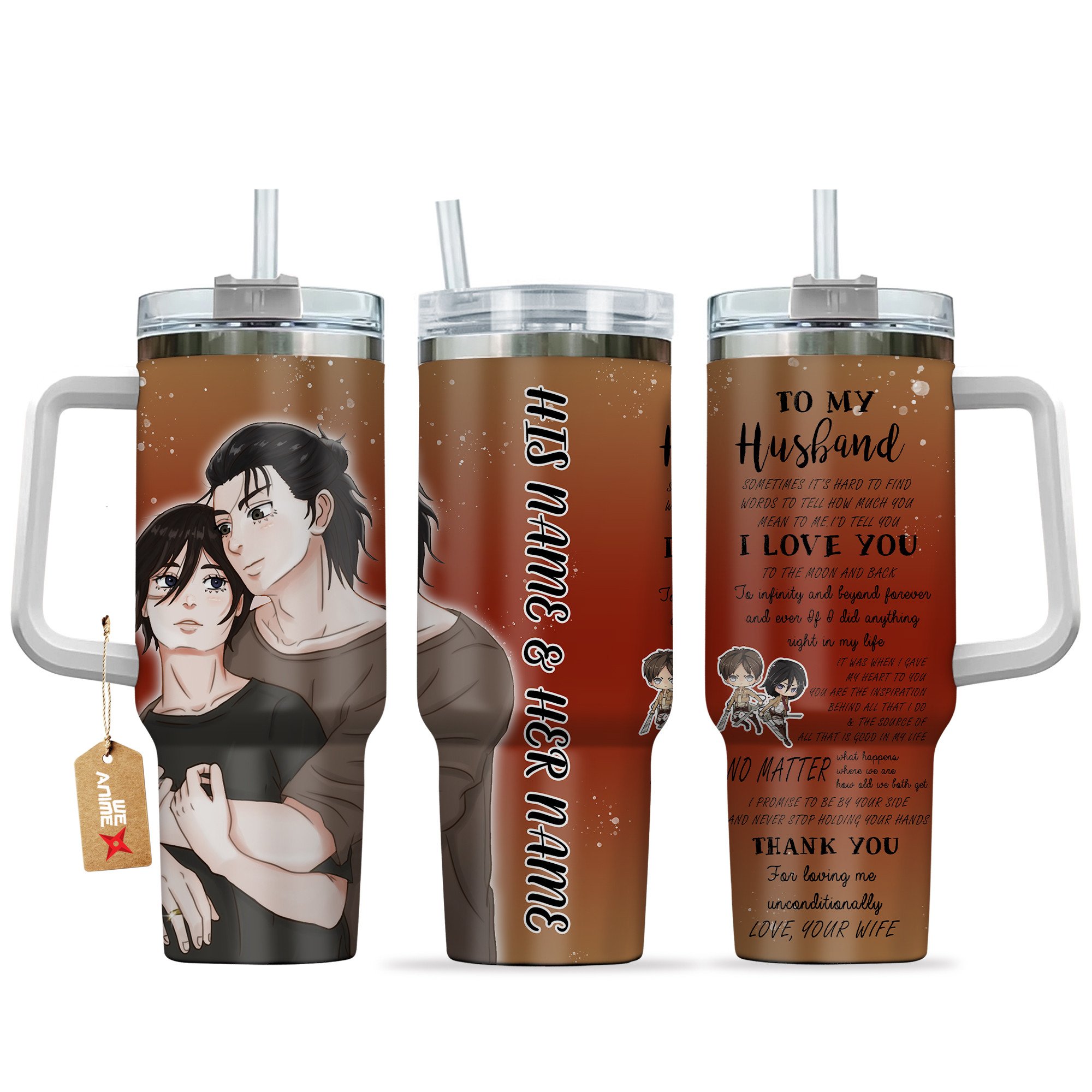 Eren Yeager & Mikasa Ackerman Attack on Titan Anime Valentine Custom Stanley Quencher 40oz Stainless Steel Tumbler With Handle