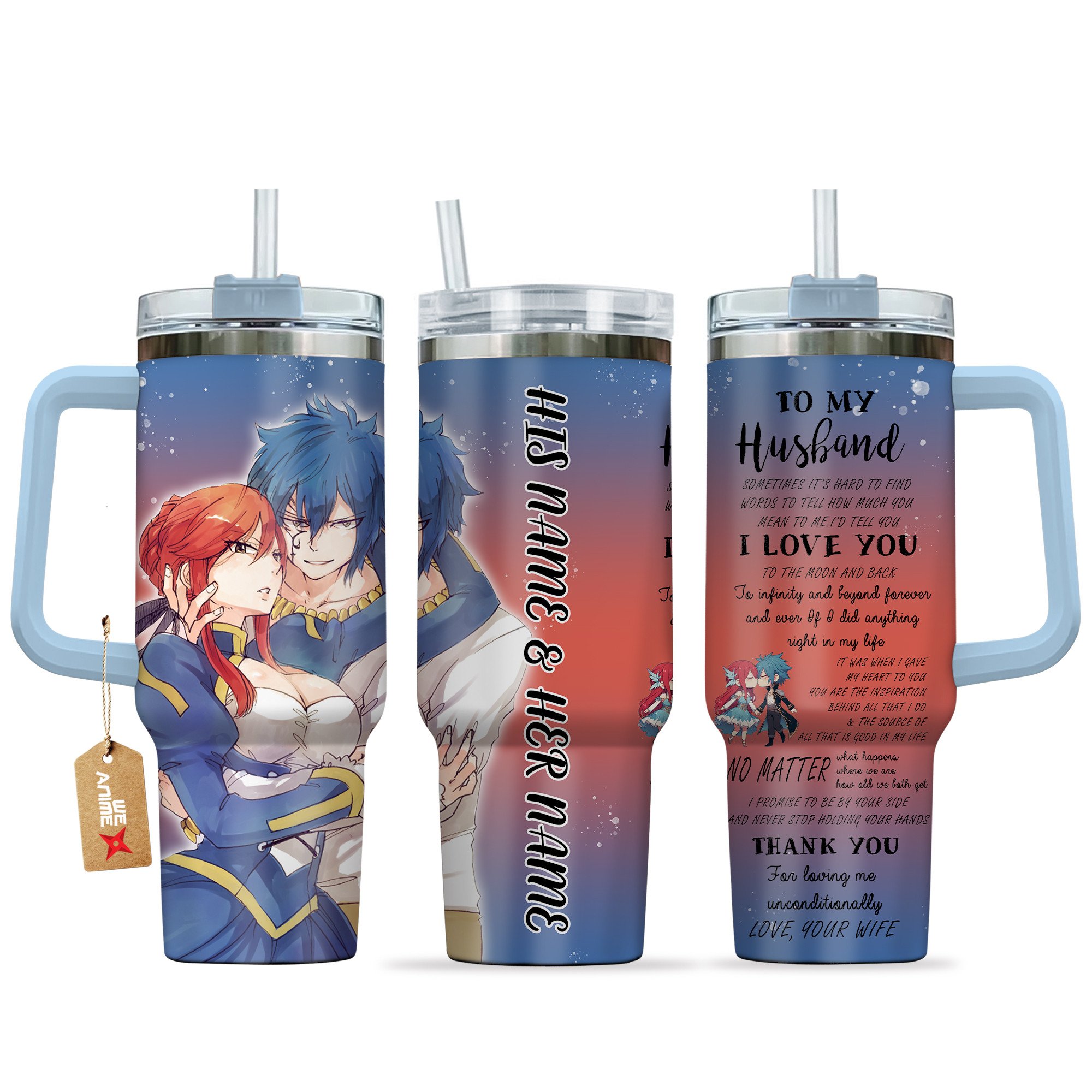 Erza Scarlet & Jellal Fernandes Fairy Tail Anime Valentine Custom Stanley Quencher 40oz Stainless Steel Tumbler With Handle