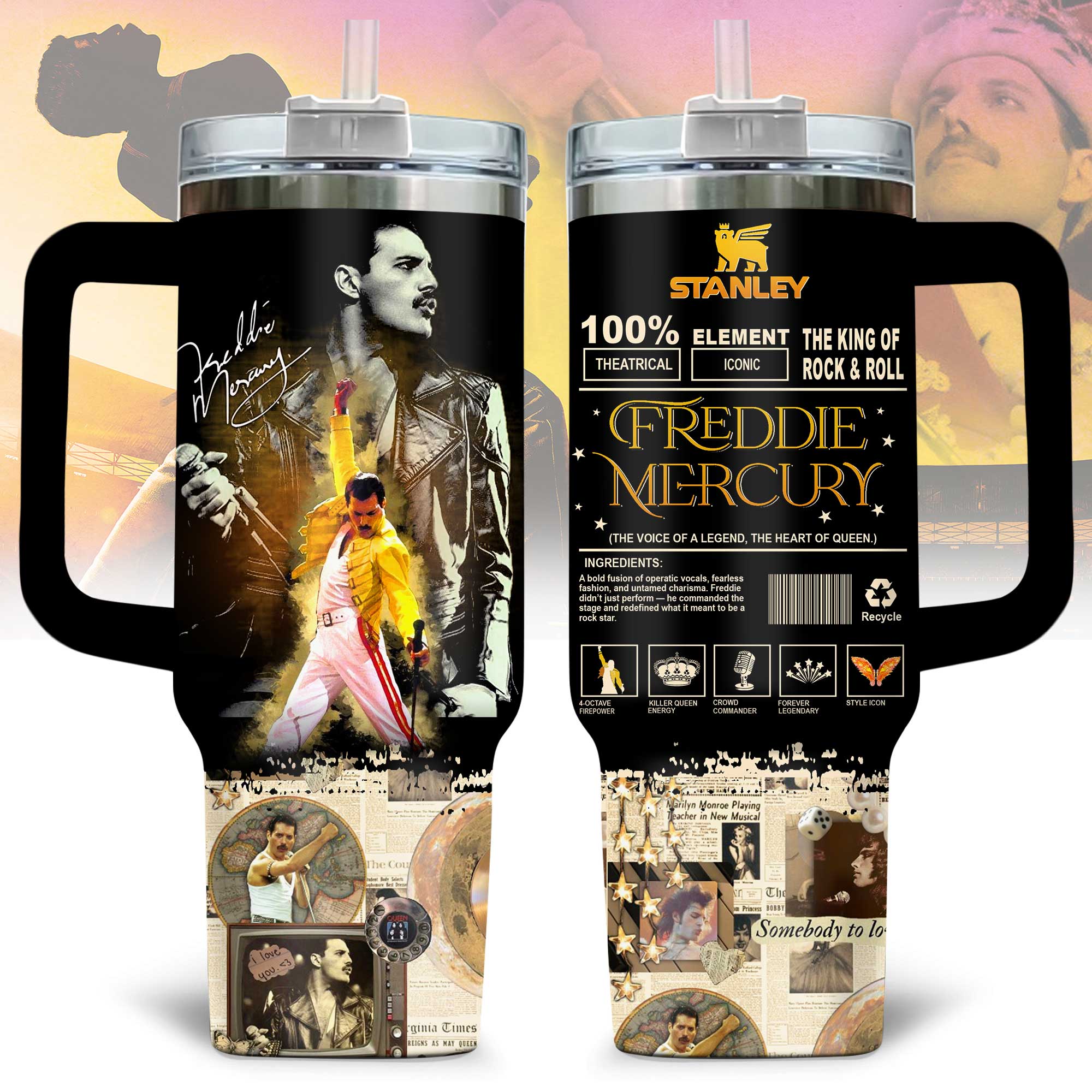 Freddie Mercury Music Custom Stanley Quencher 40oz Stainless Steel Tumbler With Handle
