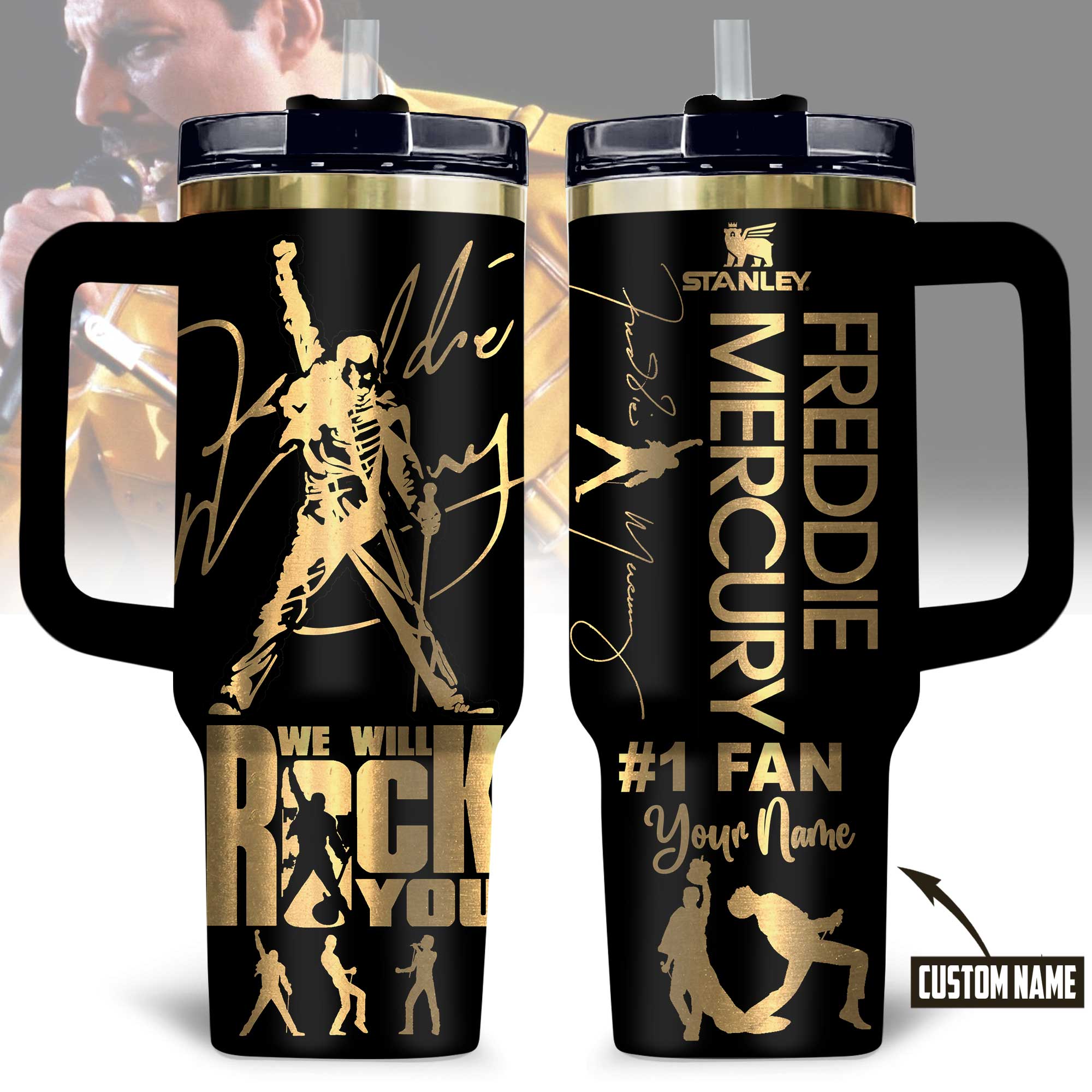 Freddie Mercury Music Custom Stanley Quencher 40oz Stainless Steel Tumbler With Handle