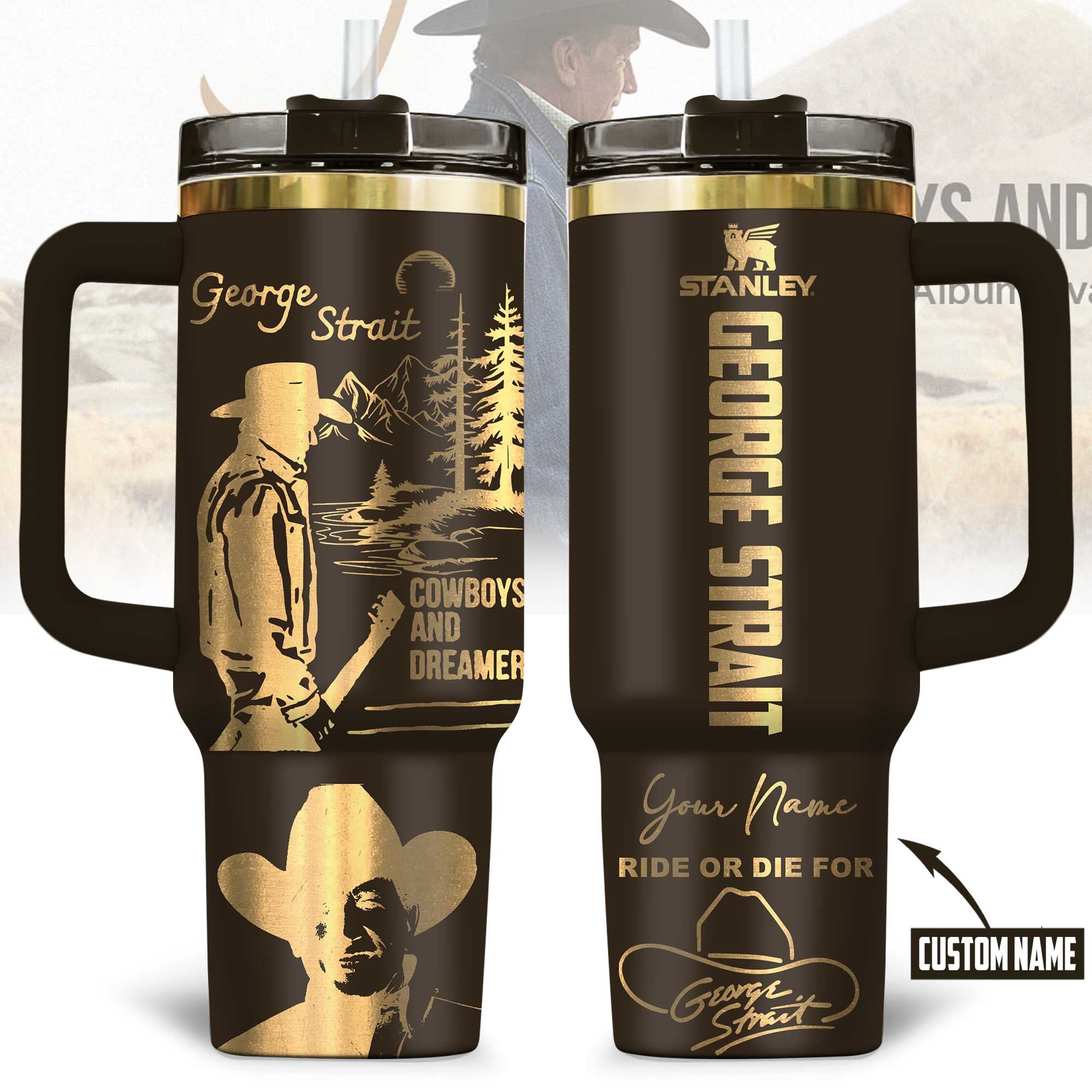 George Strait Music Custom Stanley Quencher 40oz Stainless Steel Tumbler With Handle