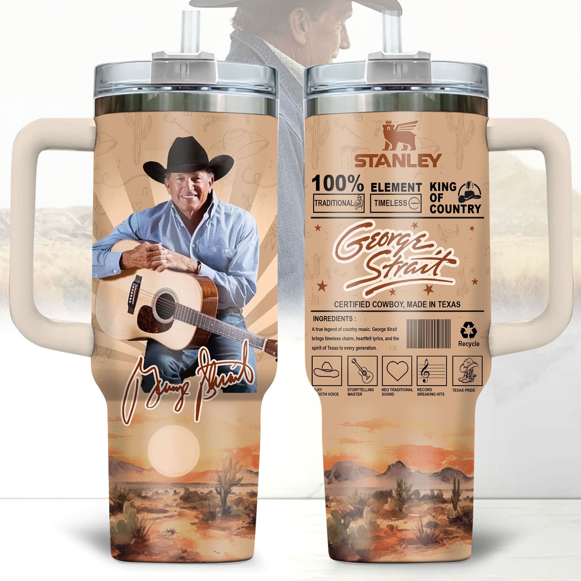 George Strait Music Custom Stanley Quencher 40oz Stainless Steel Tumbler With Handle