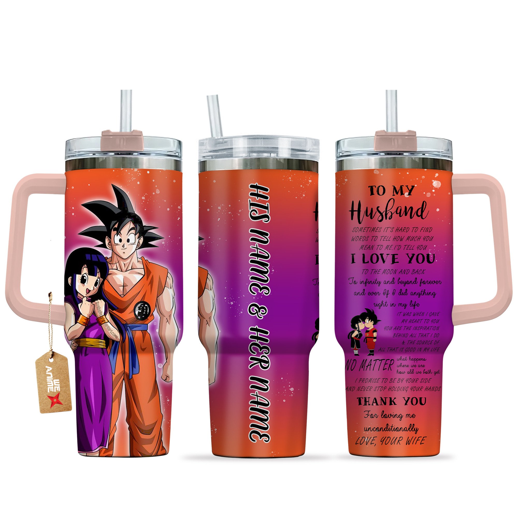 Goku & Chichi Dragon Ball Anime Valentine Custom Stanley Quencher 40oz Stainless Steel Tumbler With Handle