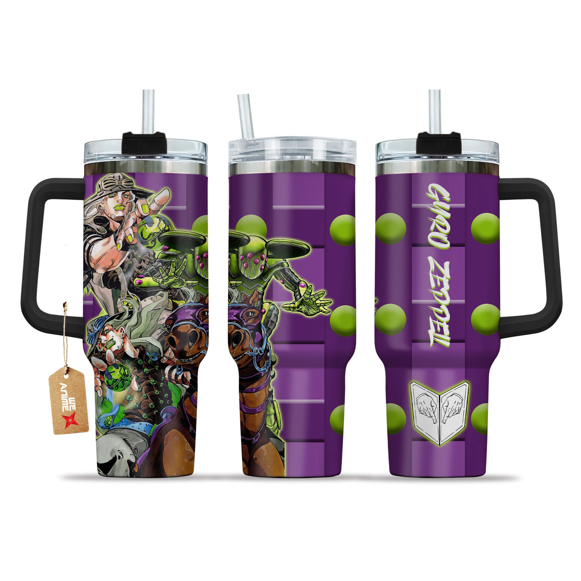 Gyro Zeppeli JoJo's Bizarre Anime Custom Stanley Quencher 40oz Stainless Steel Tumbler With Handle