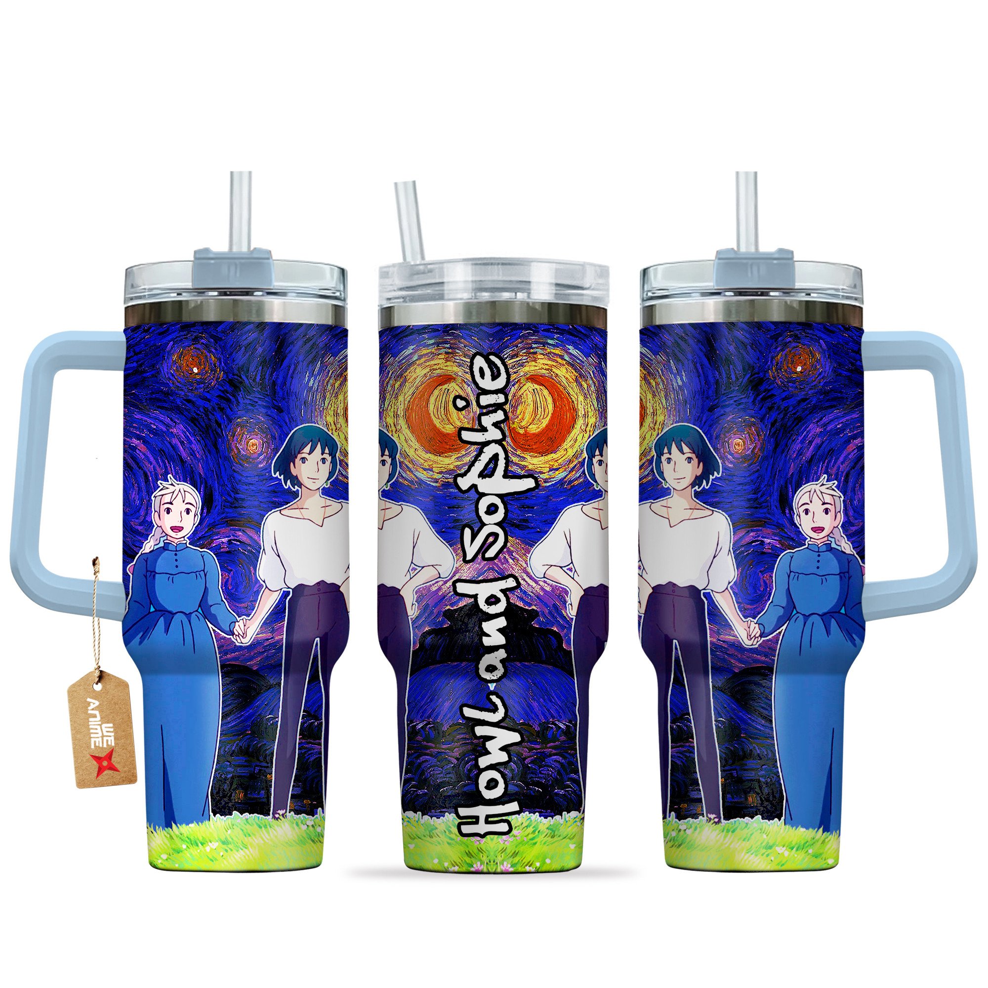 Howl and Sophie Howl's Moving Castle Anime Custom Stanley Quencher 40oz Stainless Steel Tumbler With Handle