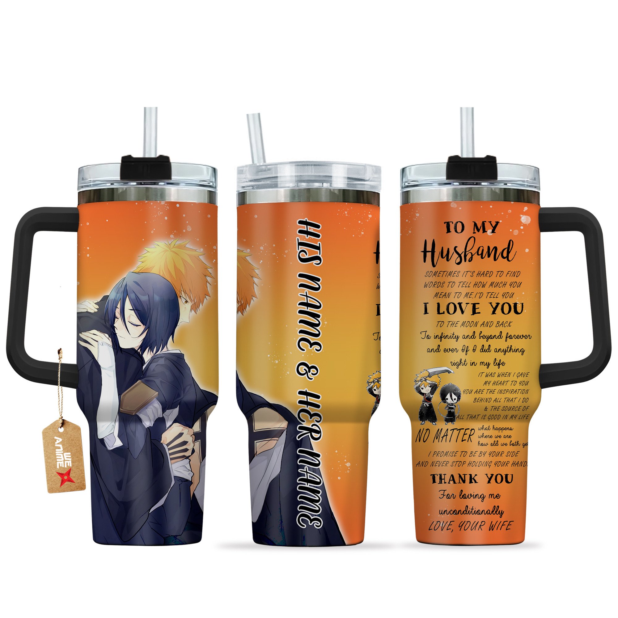 Ichigo Kurosaki & Rukia Kuchiki Bleach Anime Valentine Custom Stanley Quencher 40oz Stainless Steel Tumbler With Handle