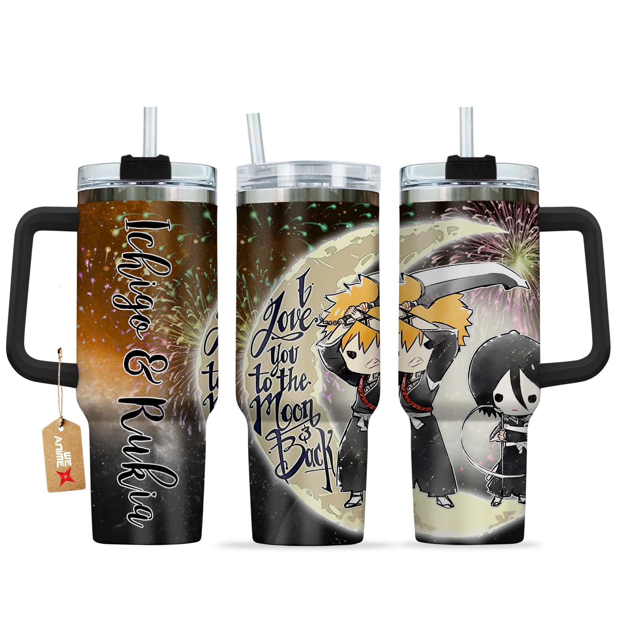 Ichigo Kurosaki & Rukia Kuchiki Bleach Anime Valentine Custom Stanley Quencher 40oz Stainless Steel Tumbler With Handle