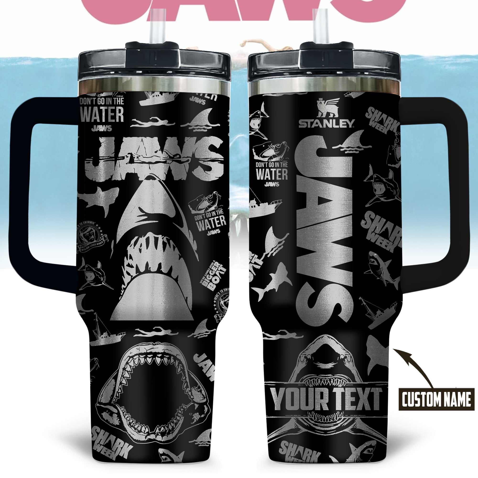 Jaws Movies Custom Stanley Quencher 40oz Stainless Steel Tumbler With Handle