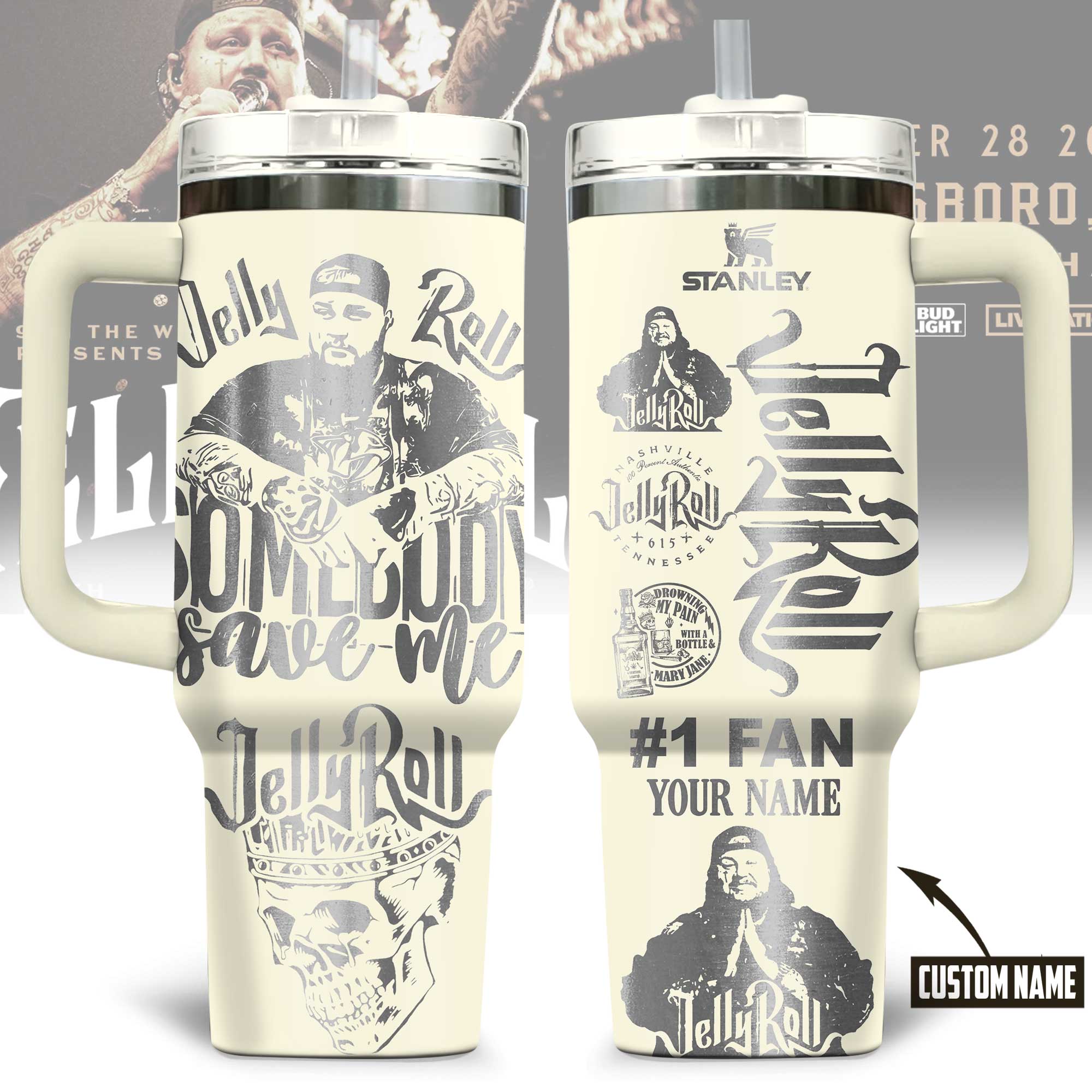 Jelly Roll Music Custom Stanley Quencher 40oz Stainless Steel Tumbler With Handle