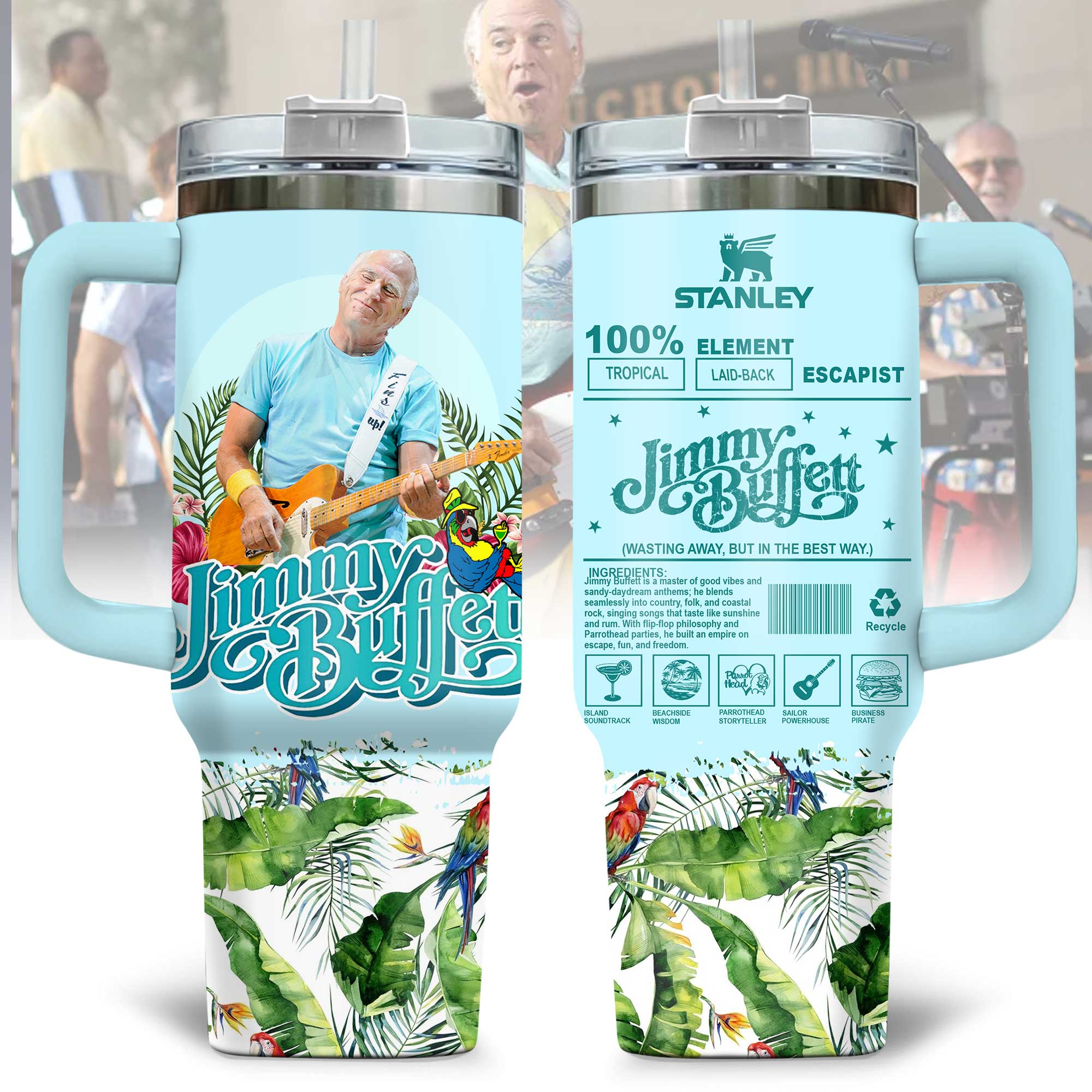 Jimmy Buffett Music Custom Stanley Quencher 40oz Stainless Steel Tumbler With Handle