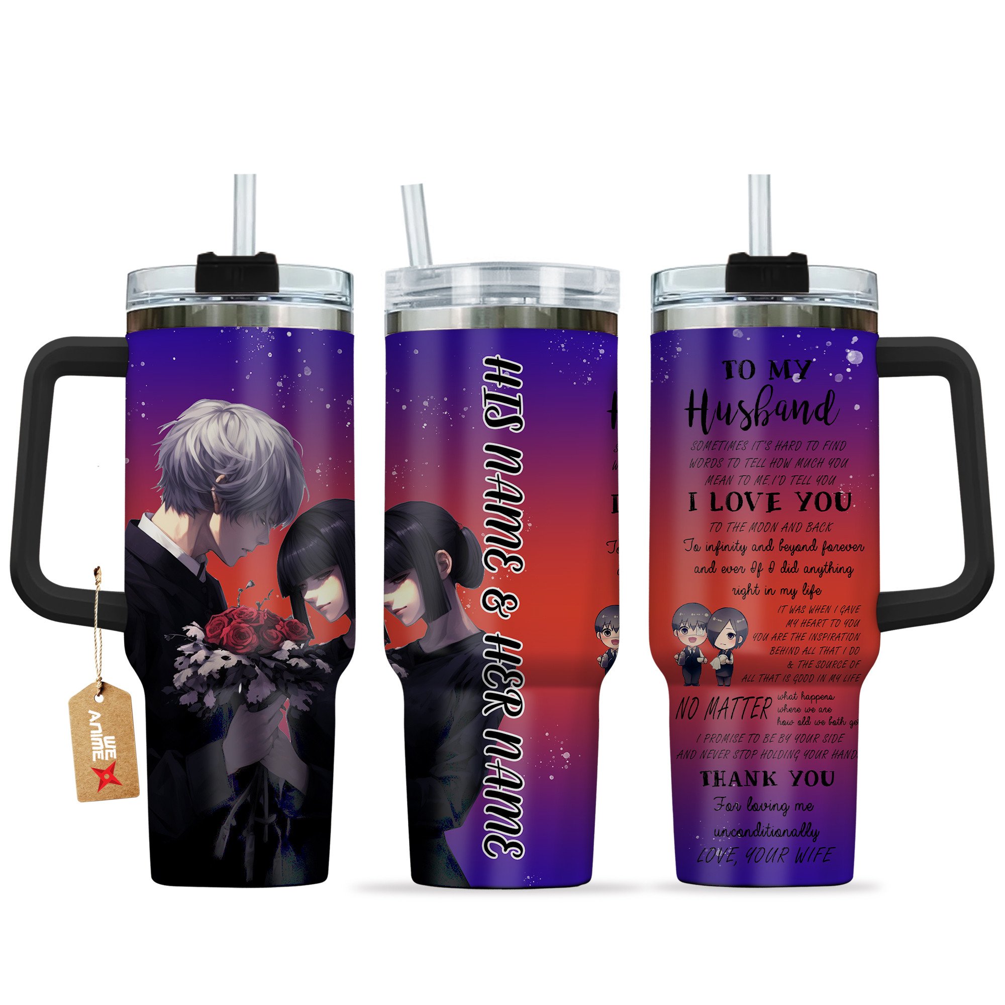 Ken Kaneki & Touka Tokyo Ghoul Anime Valentine Custom Stanley Quencher 40oz Stainless Steel Tumbler With Handle