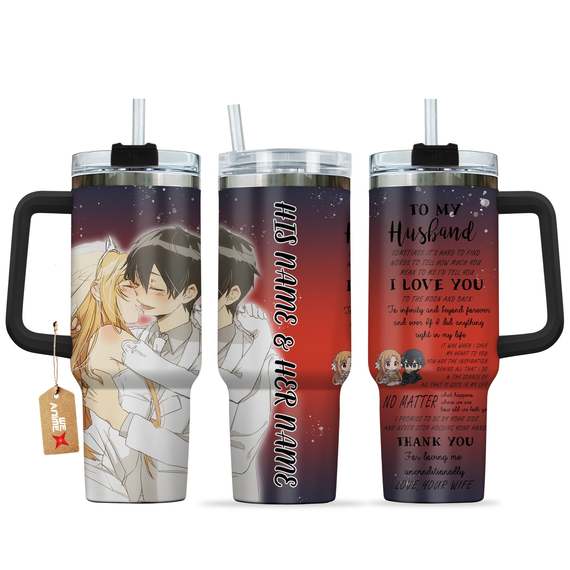 Kirito & Yuuki Asuna Sword Art Online Anime Valentine Custom Stanley Quencher 40oz Stainless Steel Tumbler With Handle