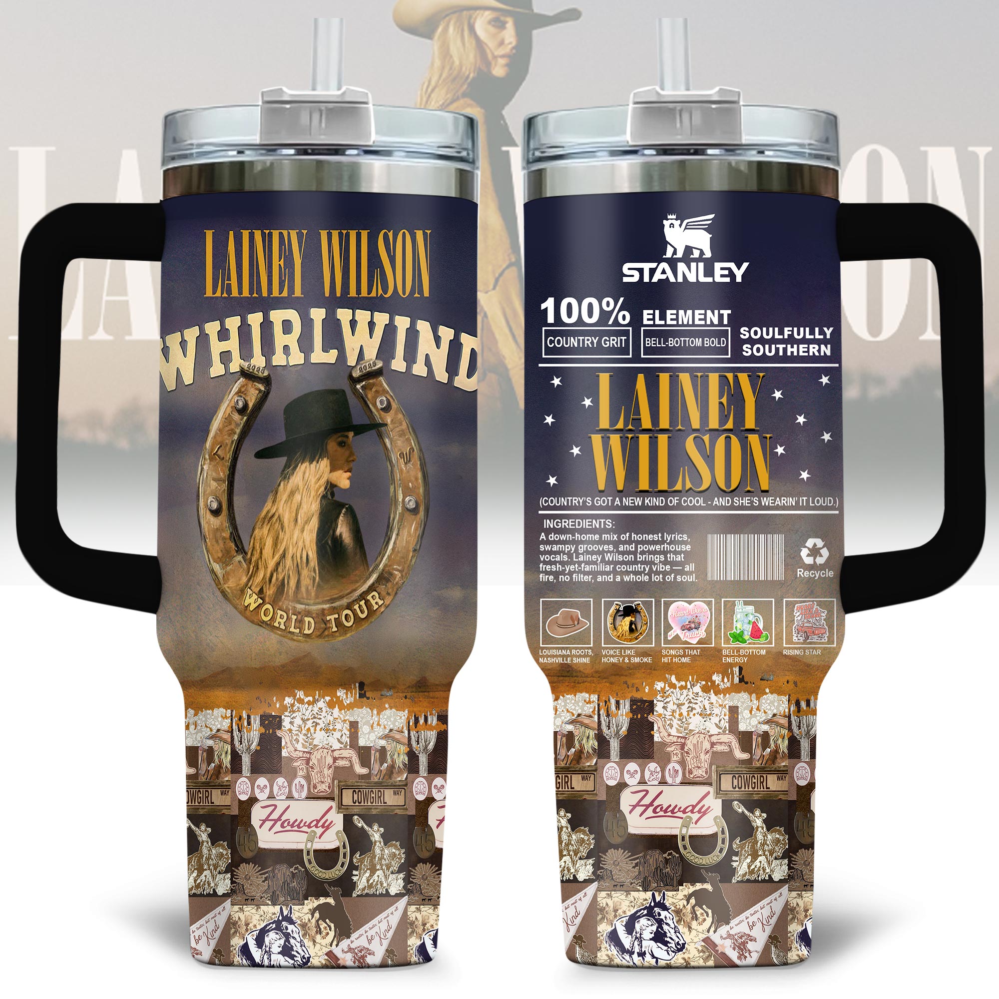 Lainey Wilson Music Custom Stanley Quencher 40oz Stainless Steel Tumbler With Handle