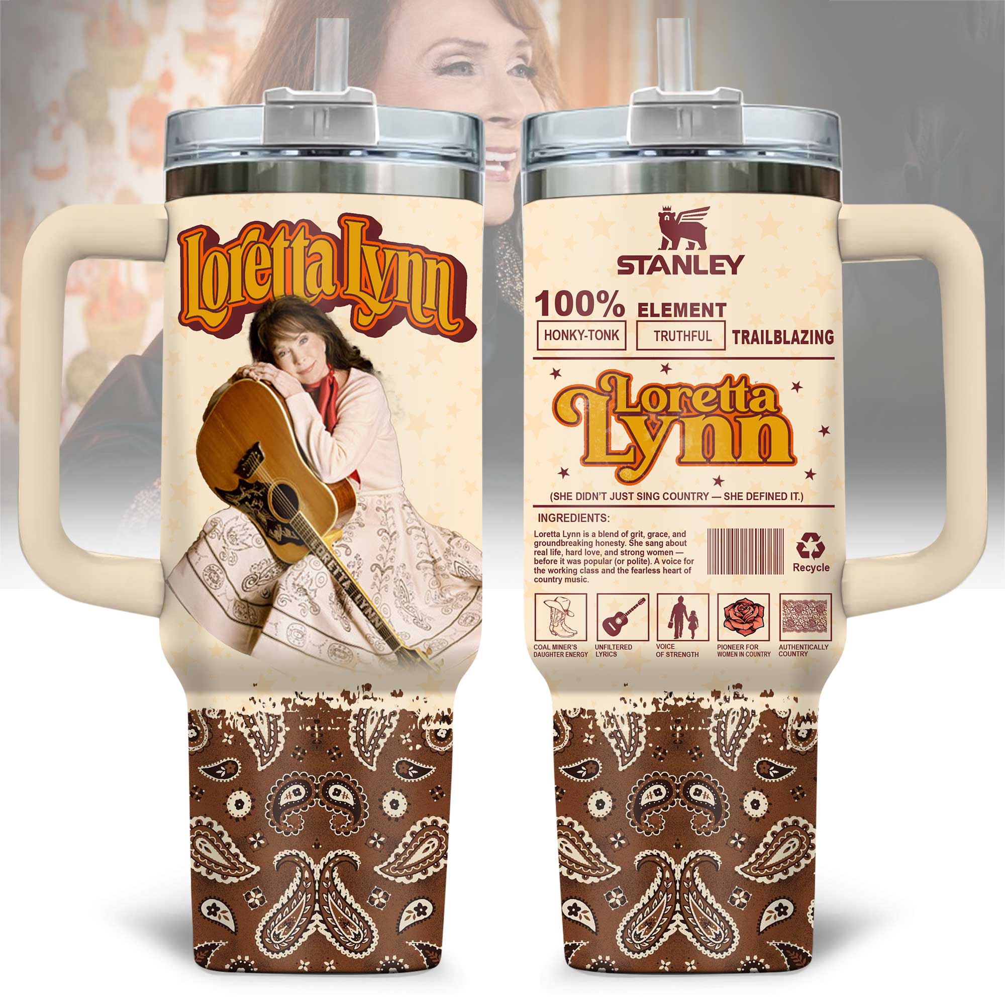 Loretta Lynn Music Custom Stanley Quencher 40oz Stainless Steel Tumbler With Handle