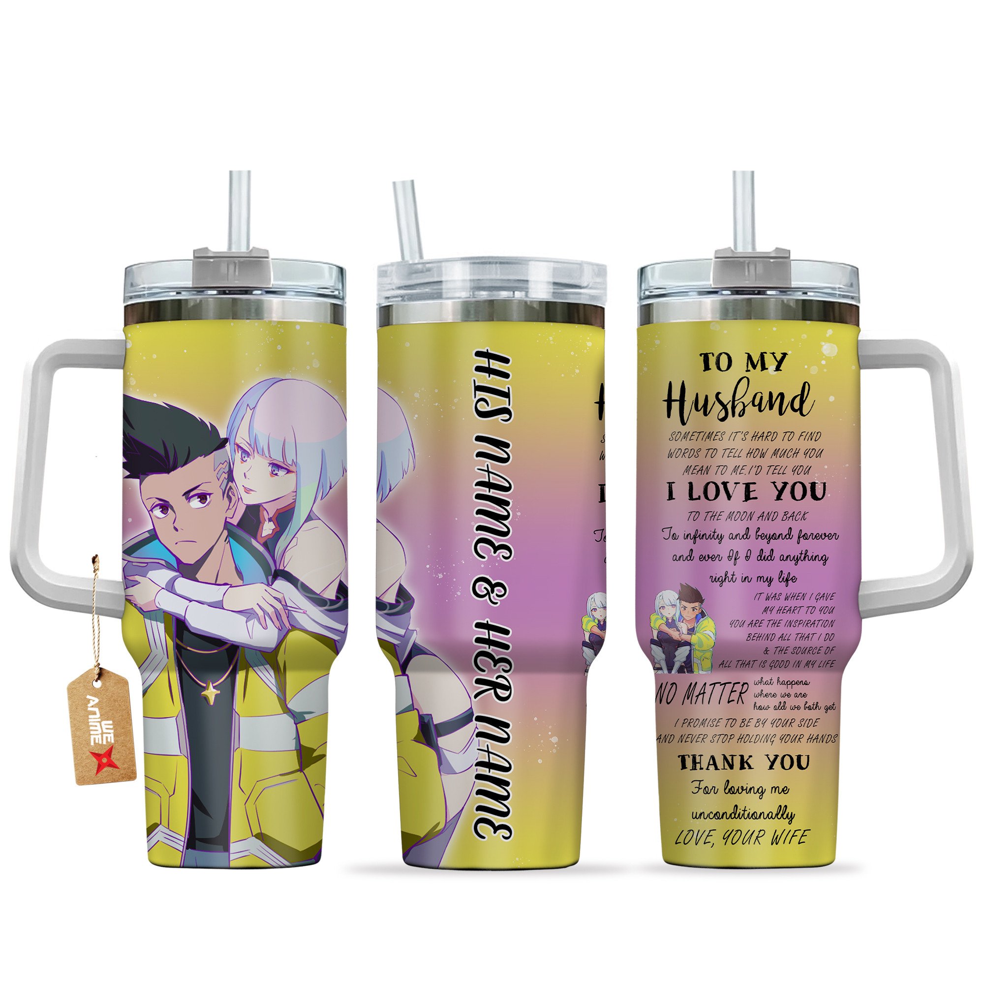 Lucyna Kushinada & David Martinez Cyberpunk Anime Valentine Custom Stanley Quencher 40oz Stainless Steel Tumbler With Handle