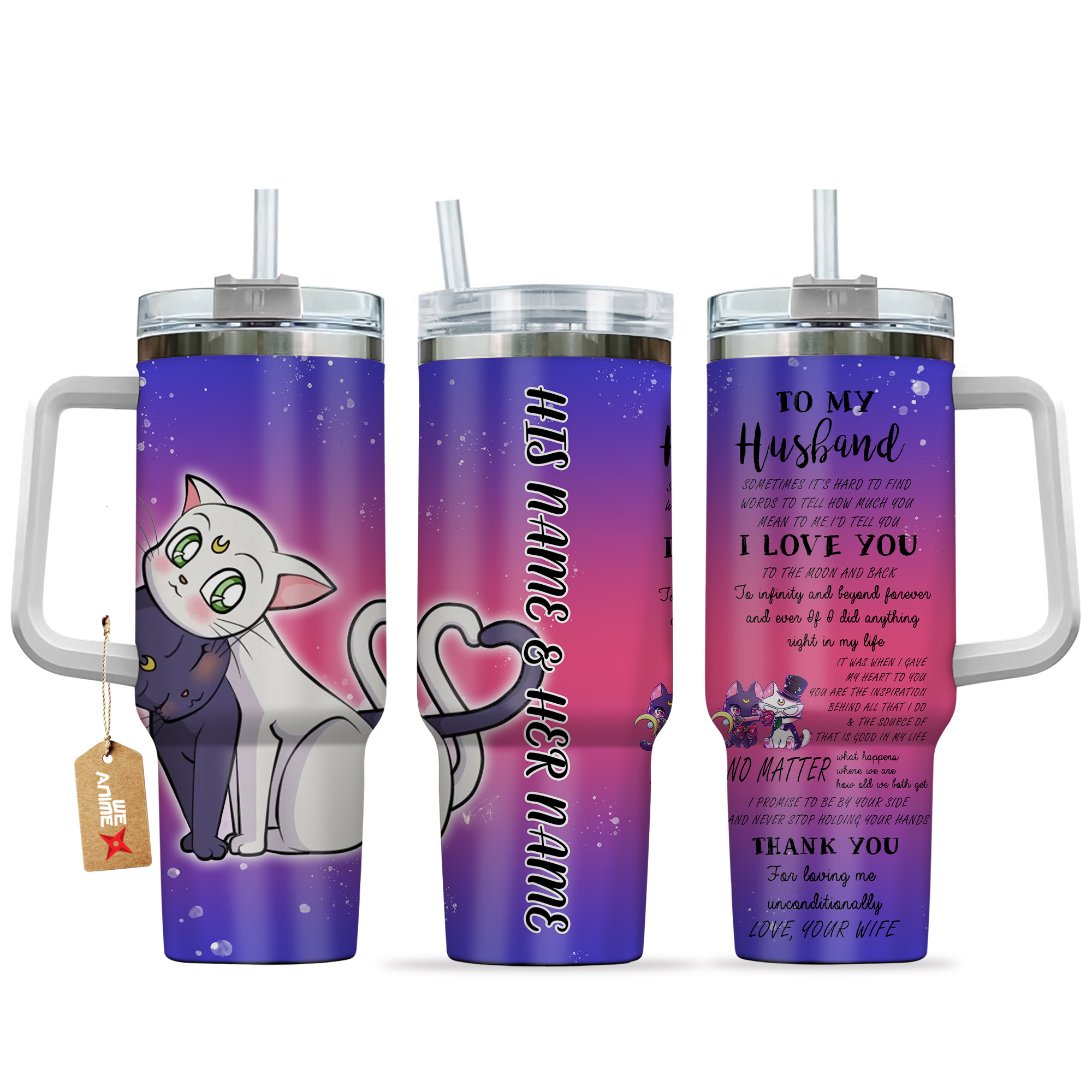 Luna & Artemis Sailor Moon Anime Valentine Custom Stanley Quencher 40oz Stainless Steel Tumbler With Handle