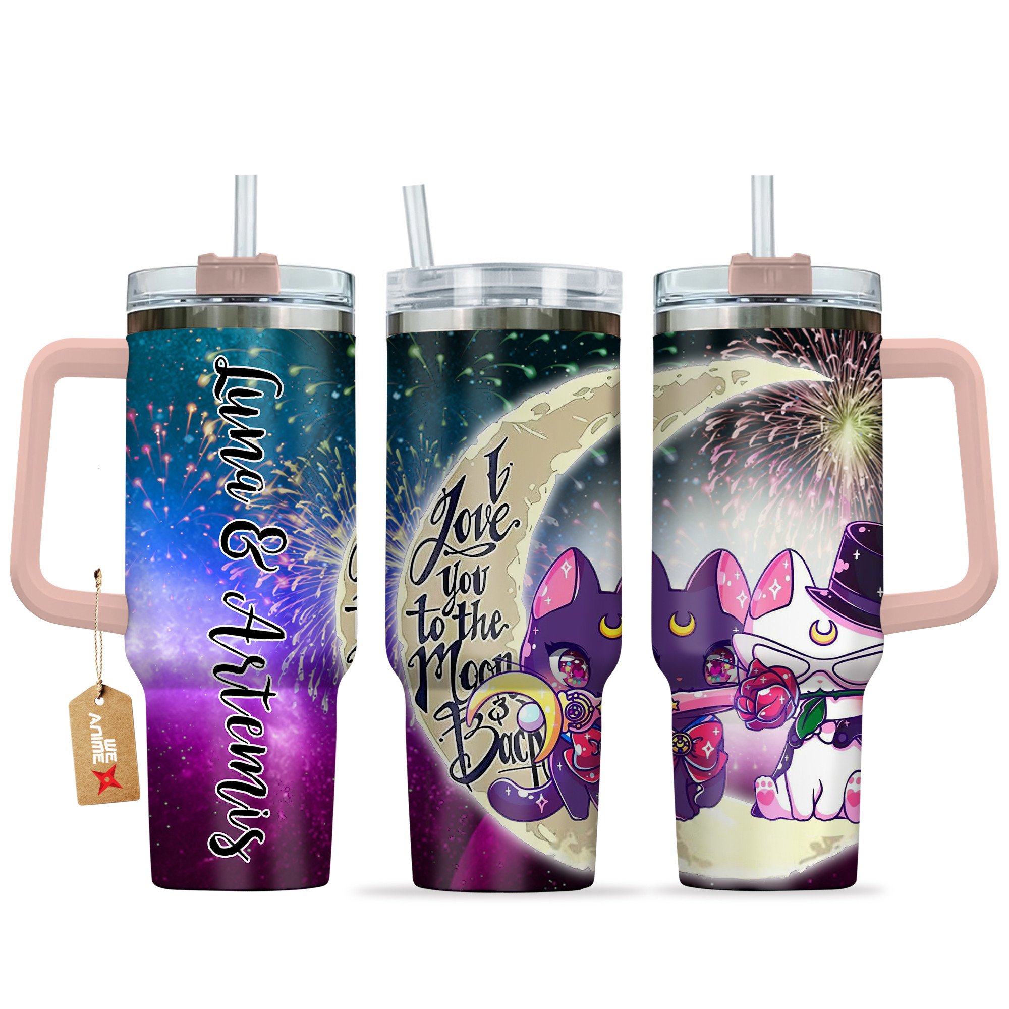 Luna & Artermis Sailor Moon Anime Valentine Custom Stanley Quencher 40oz Stainless Steel Tumbler With Handle