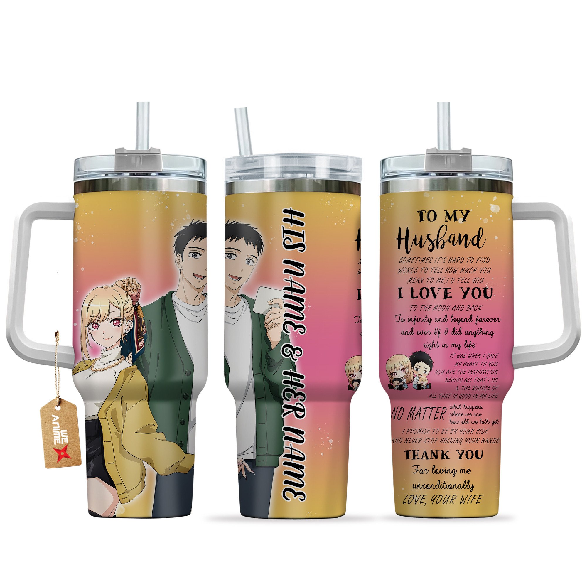 Marin Kitagawa & Gojou Wakana My Dress-Up Darling Anime Valentine Custom Stanley Quencher 40oz Stainless Steel Tumbler With Handle
