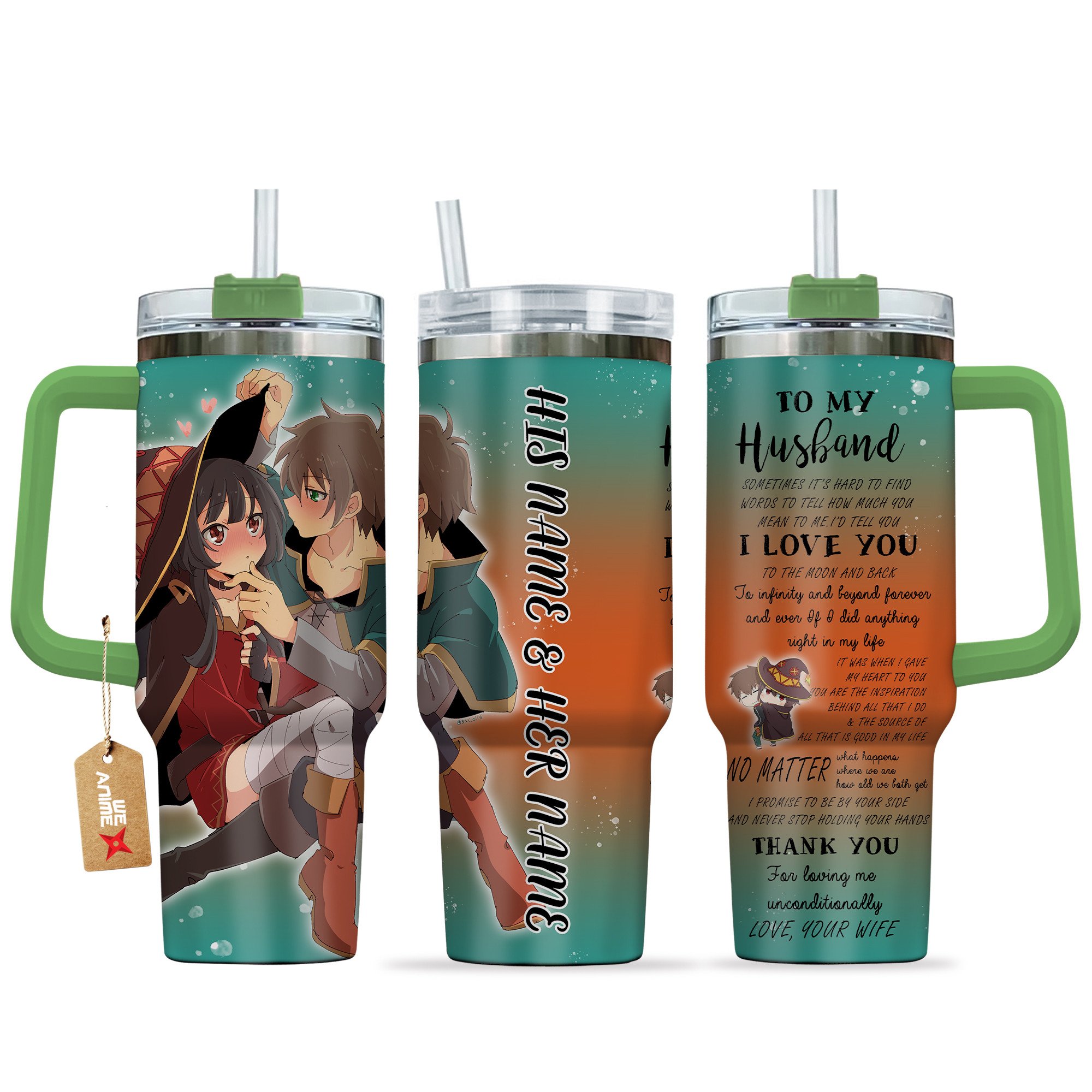 Megumin & Kazuma Konosuba Anime Valentine Custom Stanley Quencher 40oz Stainless Steel Tumbler With Handle