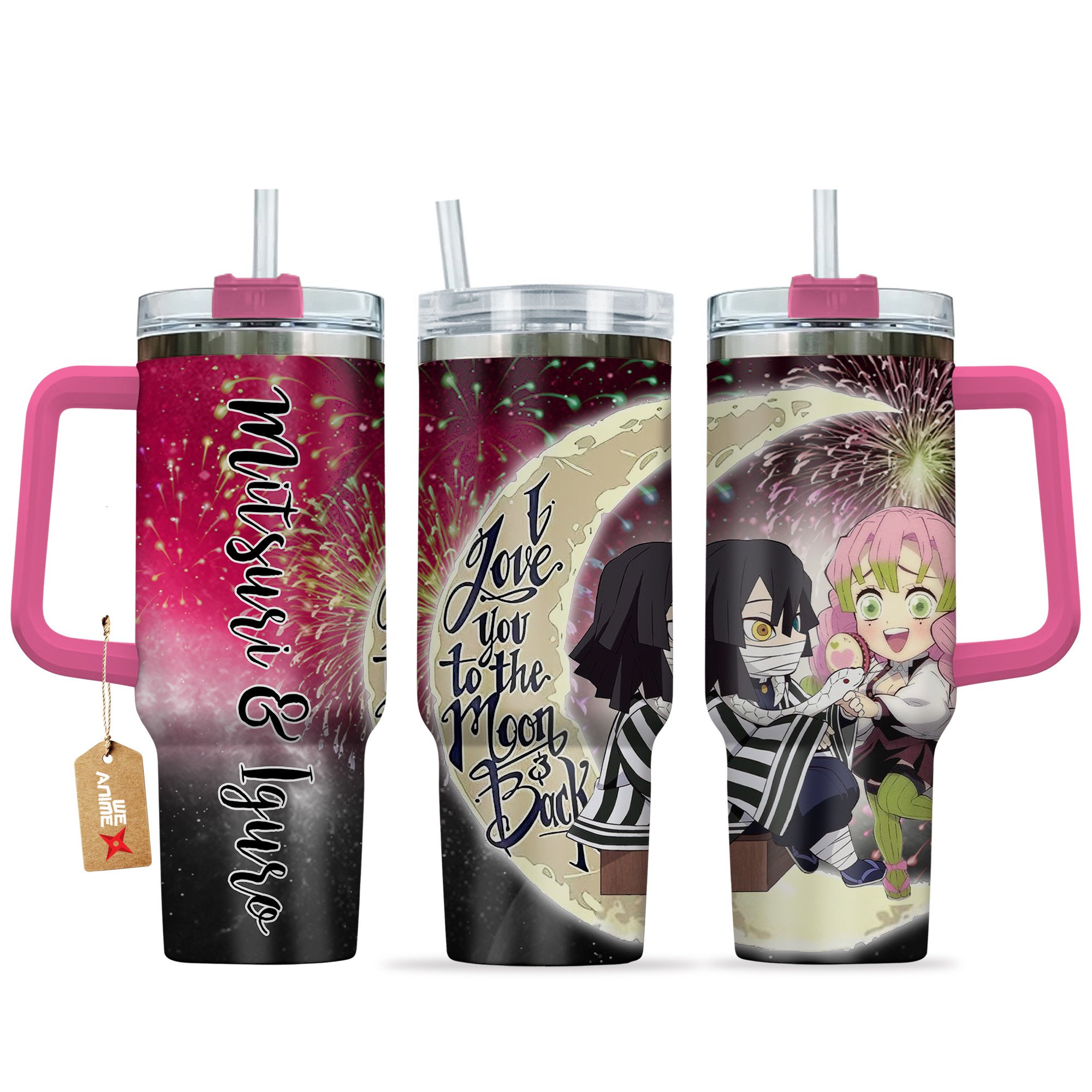 Mitsuri Kanroji & Obanai Iguro Demon Slayer Anime Valentine Custom Stanley Quencher 40oz Stainless Steel Tumbler With Handle