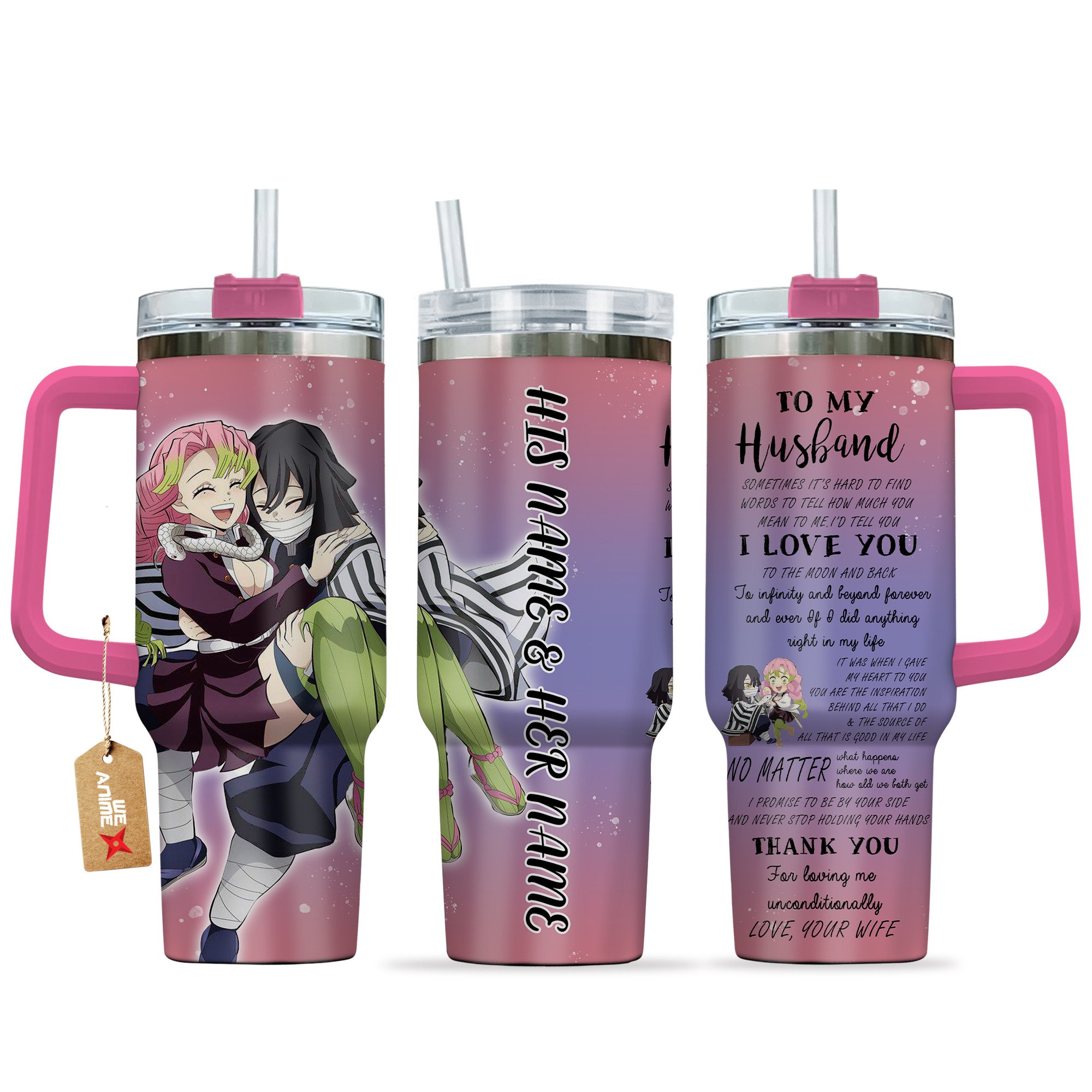 Mitsuri Kanroji & Obanai Iguro Demon Slayer Anime Valentine Custom Stanley Quencher 40oz Stainless Steel Tumbler With Handle