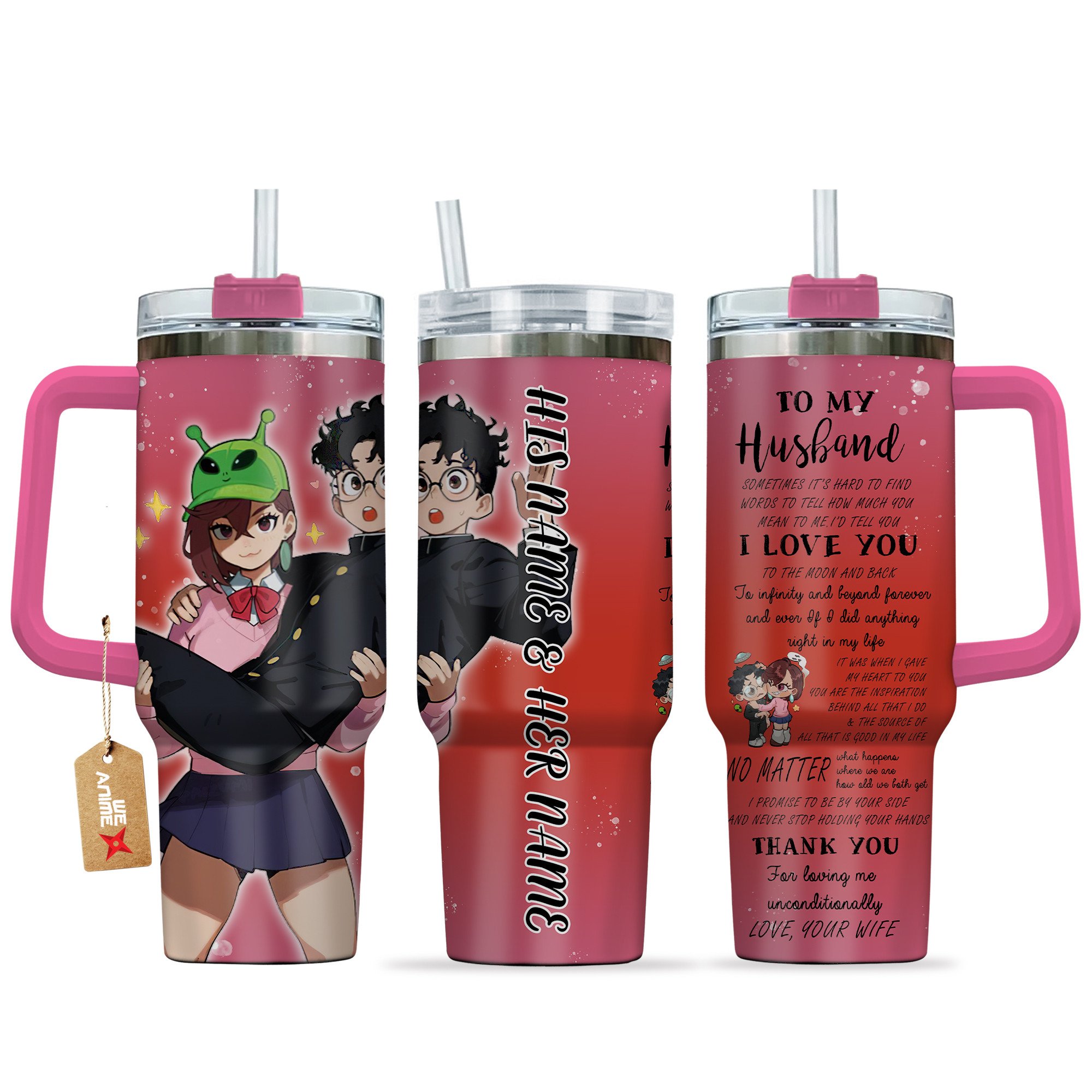 Momo & Ken Takakura Dandadan Anime Valentine Custom Stanley Quencher 40oz Stainless Steel Tumbler With Handle