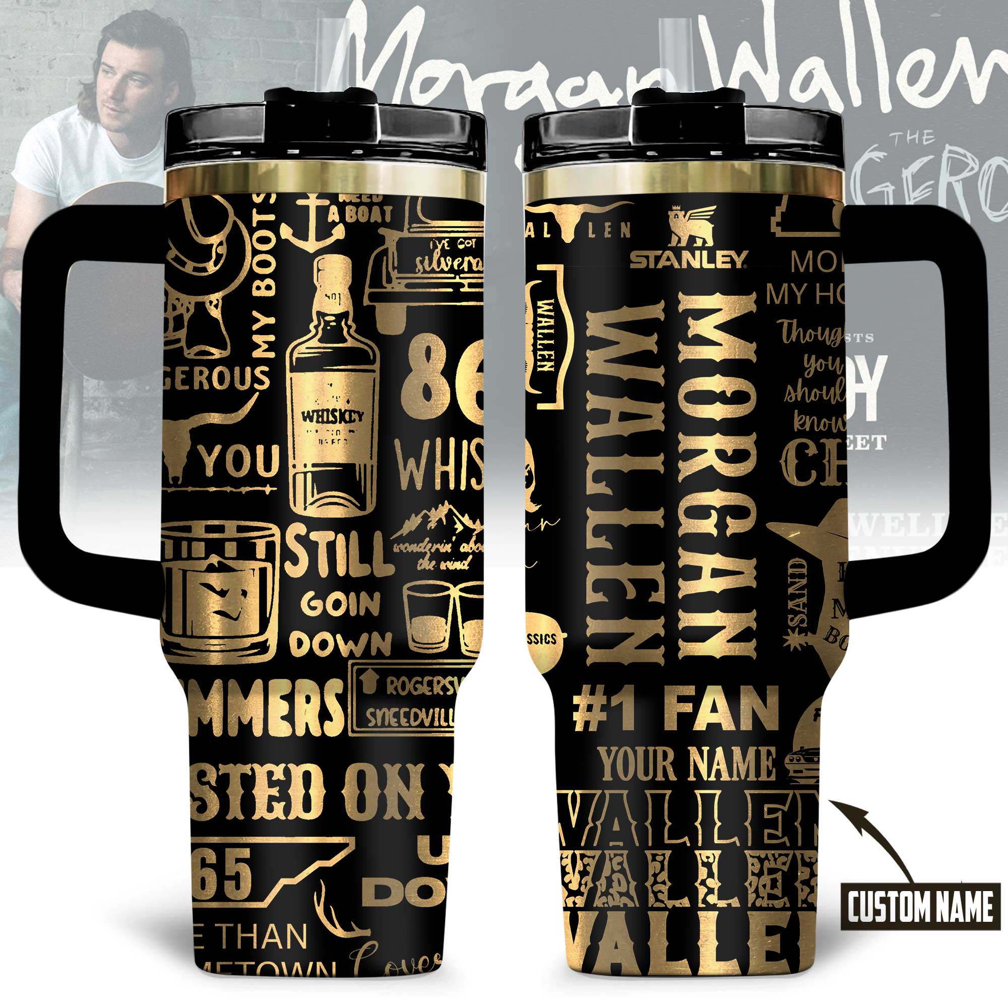 Morgan Wallen Music Custom Stanley Quencher 40oz Stainless Steel Tumbler With Handle