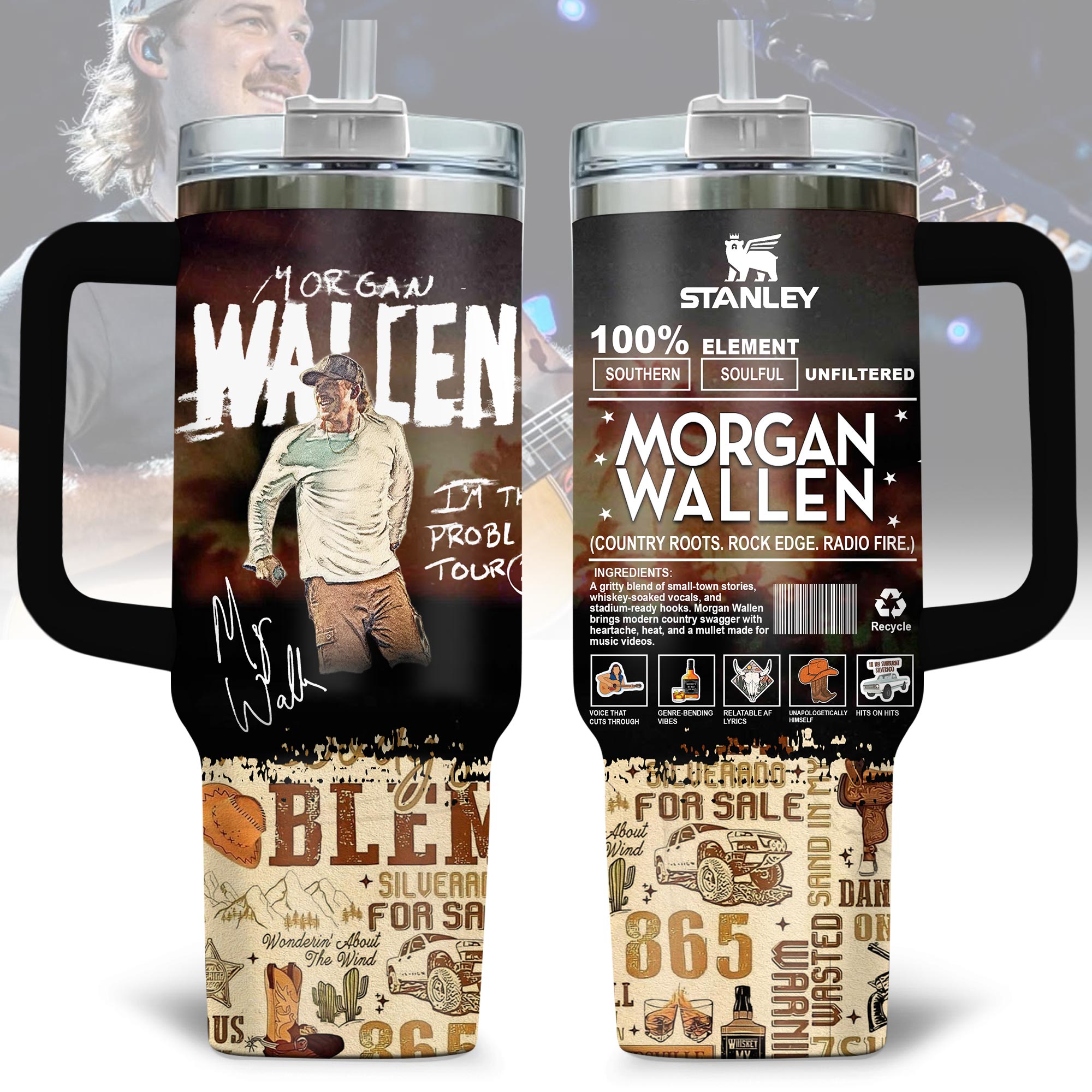 Morgan Wallen Music Custom Stanley Quencher 40oz Stainless Steel Tumbler With Handle