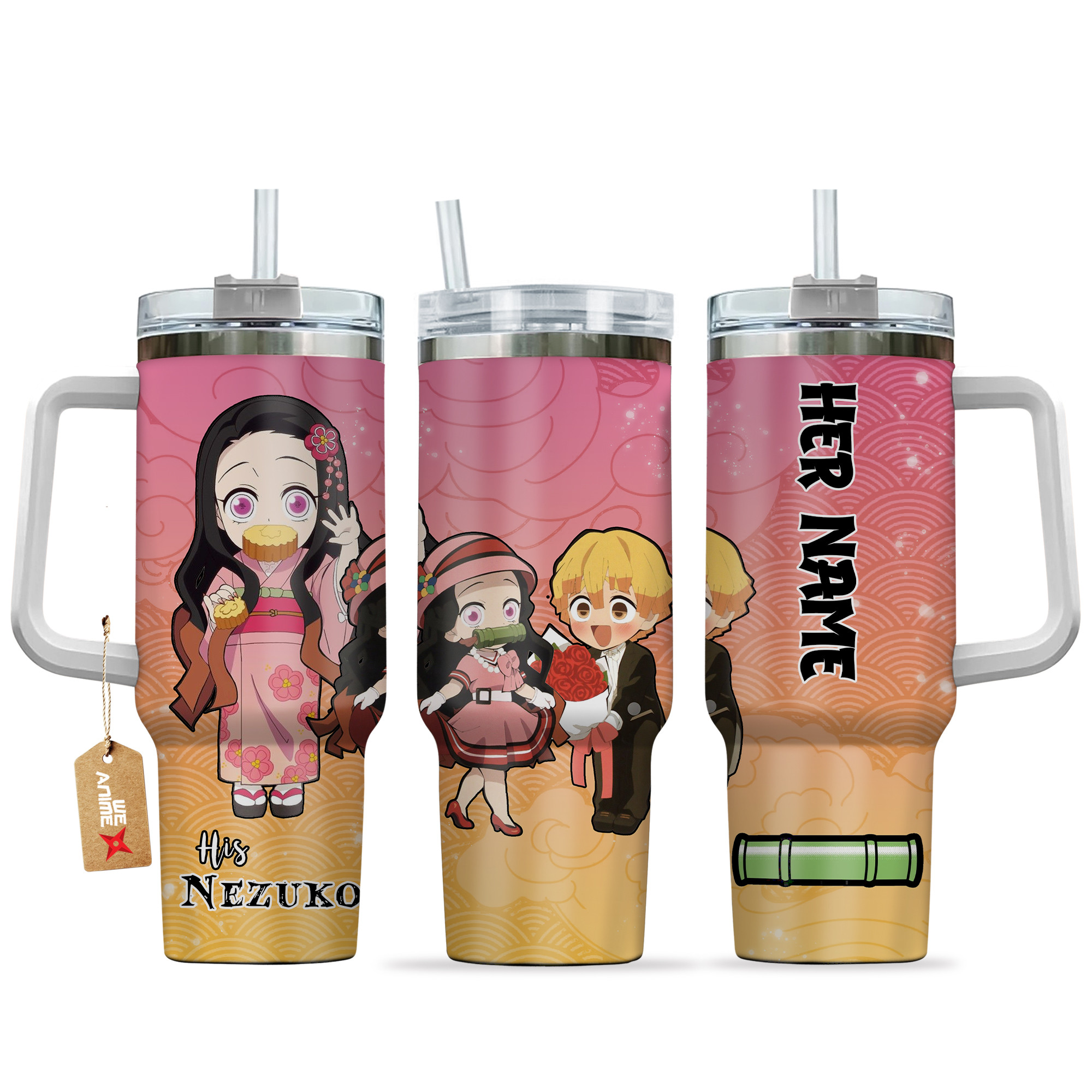 Nezuko Kamado Demon Slayer Anime Valentine Custom Stanley Quencher 40oz Stainless Steel Tumbler With Handle