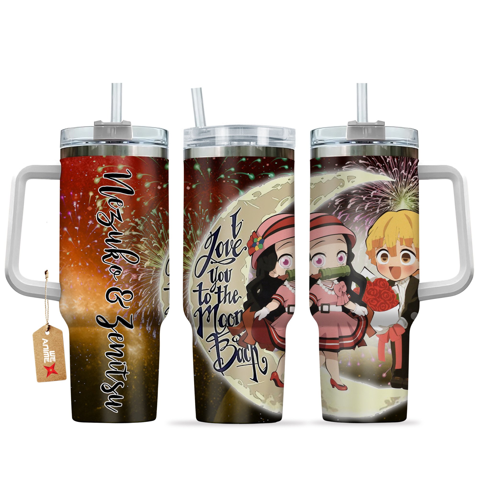 Nezuko Kamado & Zenitsu Demon Slayer Anime Valentine Custom Stanley Quencher 40oz Stainless Steel Tumbler With Handle