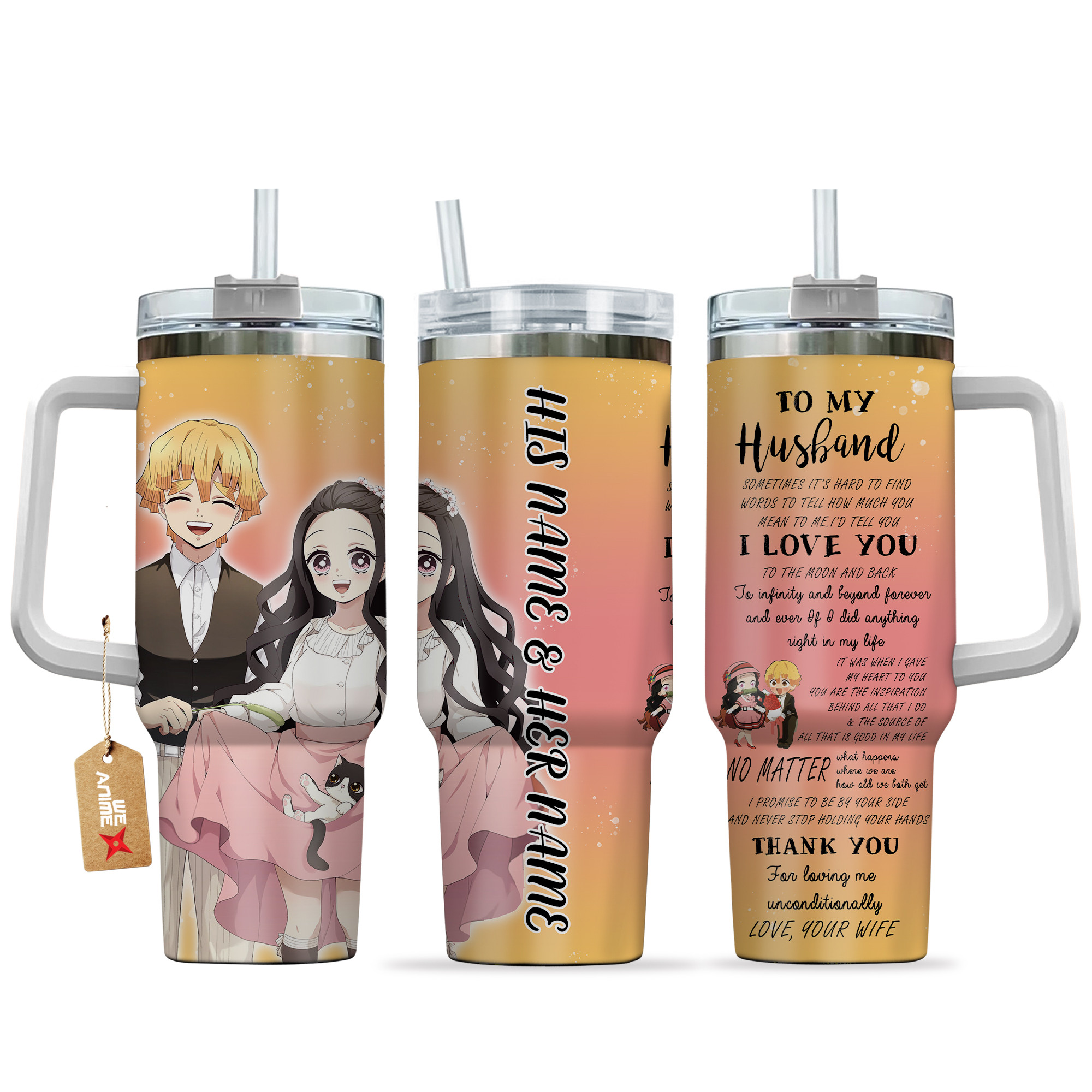 Nezuko Kamado & Zenitsu Demon Slayer Anime Valentine Custom Stanley Quencher 40oz Stainless Steel Tumbler With Handle