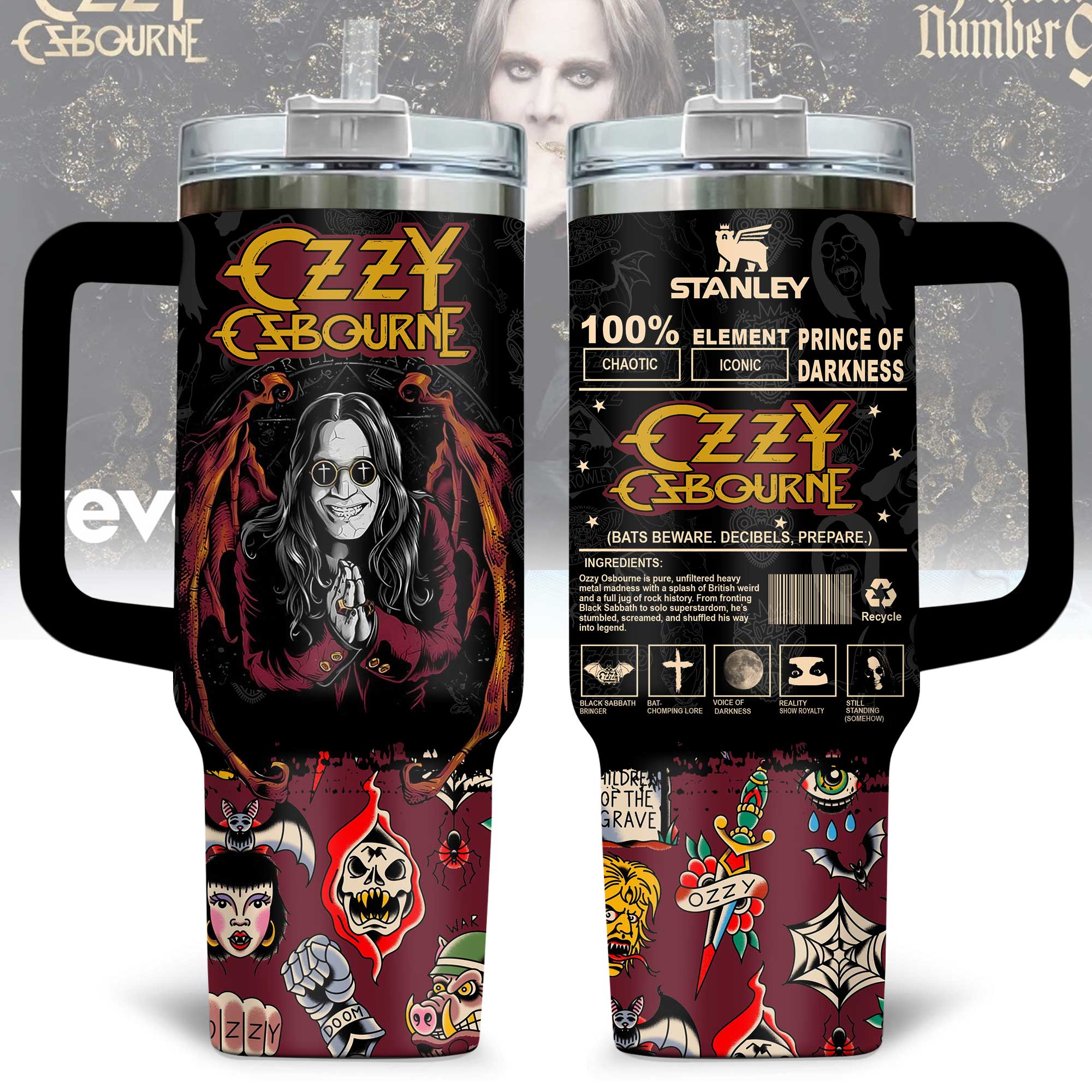 Ozzy Osbourne Music Custom Stanley Quencher 40oz Stainless Steel Tumbler With Handle