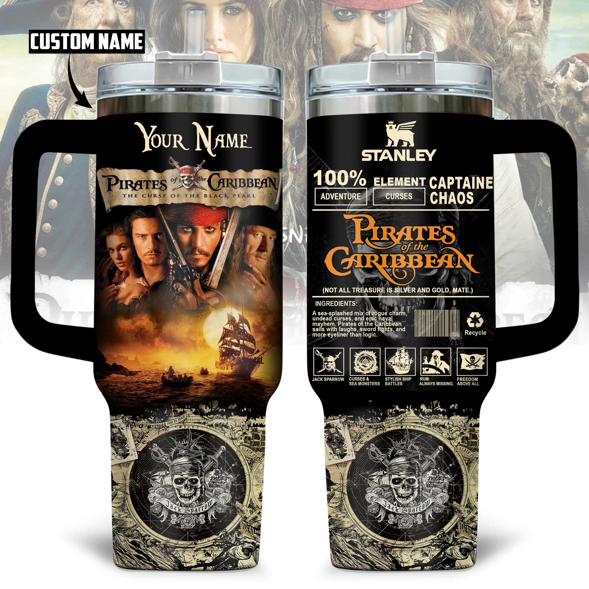 Pirates of the Caribbean Movies Custom Stanley Quencher 40oz Stainless Steel Tumbler With Handle