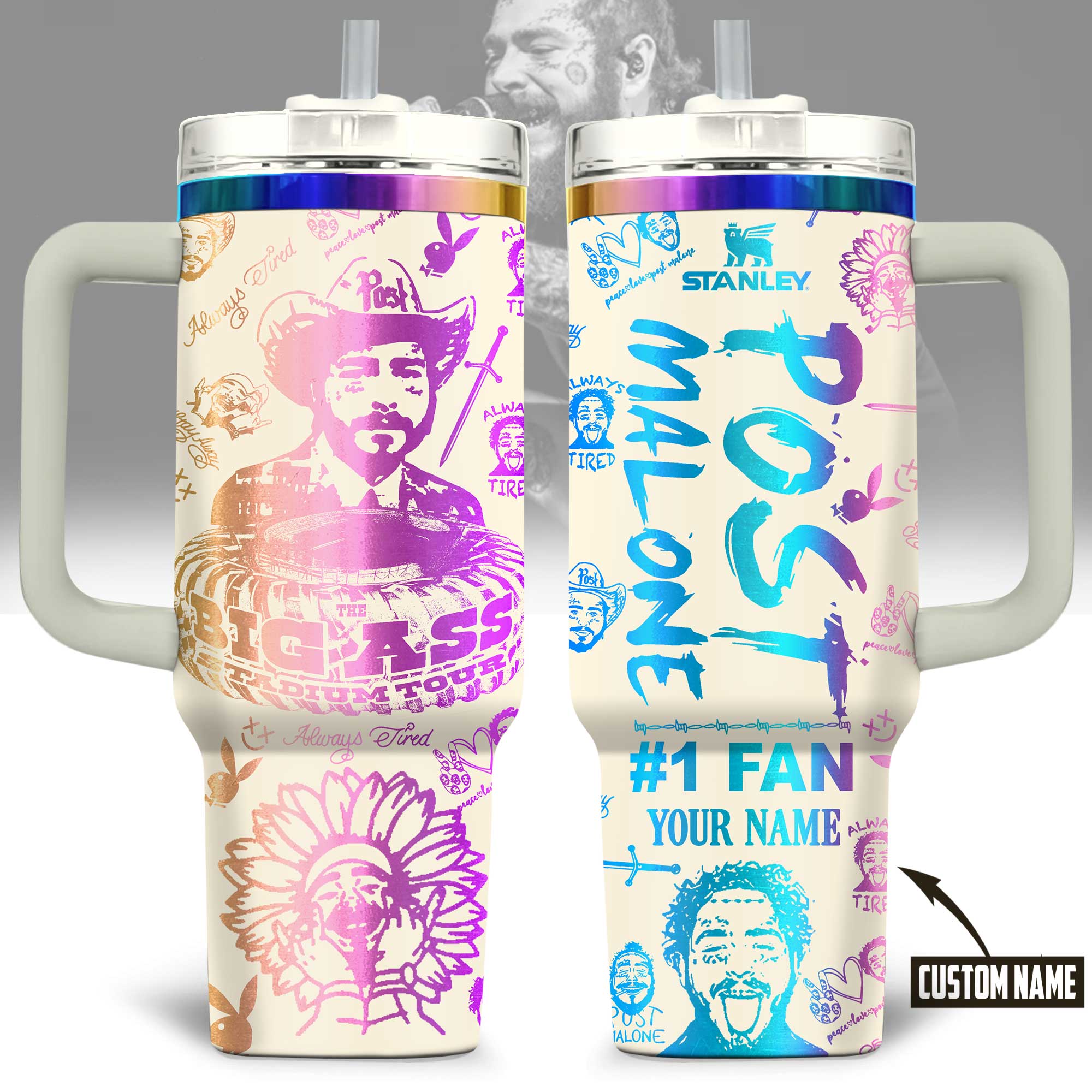 Post Malone Music Custom Stanley Quencher 40oz Stainless Steel Tumbler With Handle